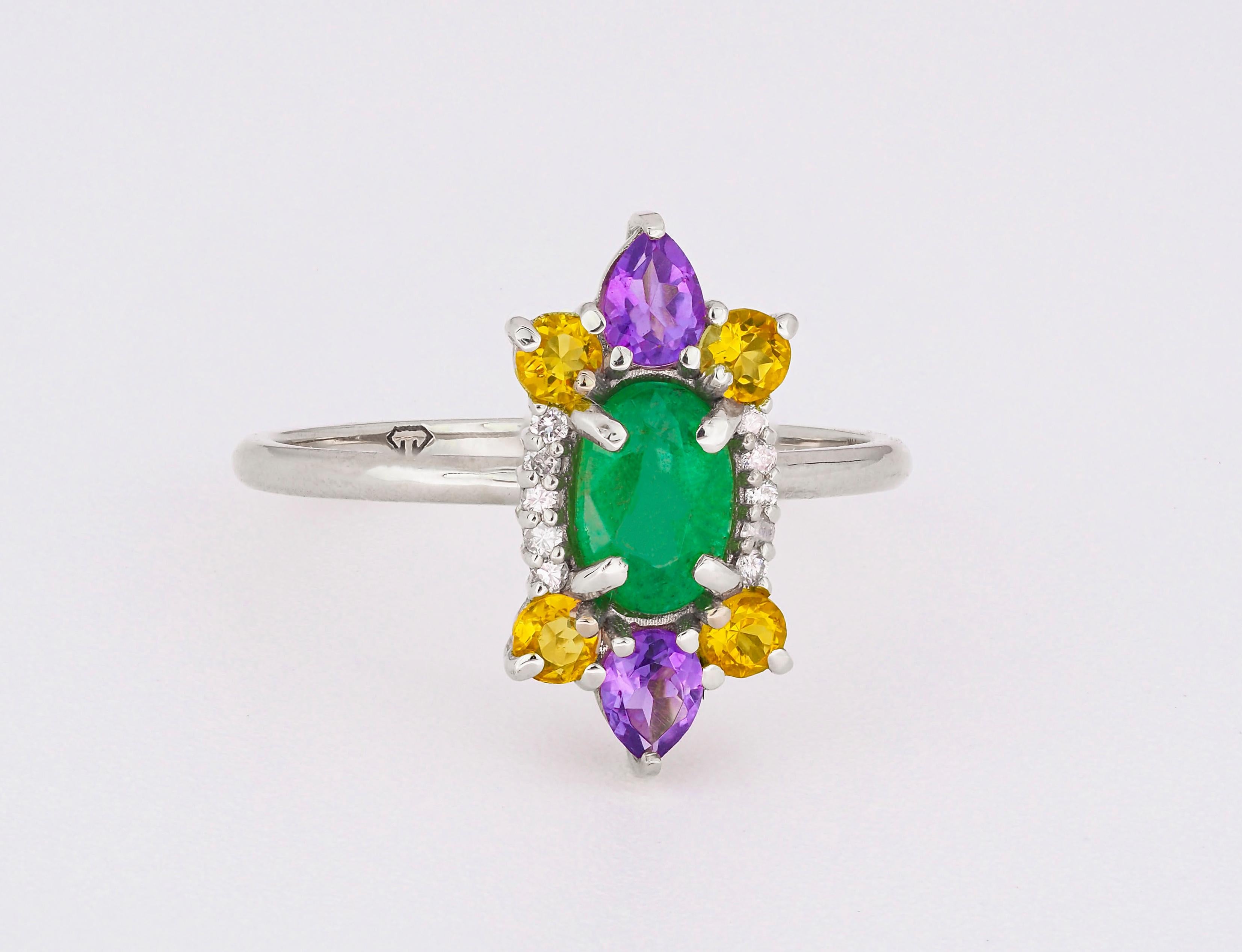 For Sale:  14 K Gold Ring with Oval Emerald, Sapphires, Amethysts and Diamonds! 3