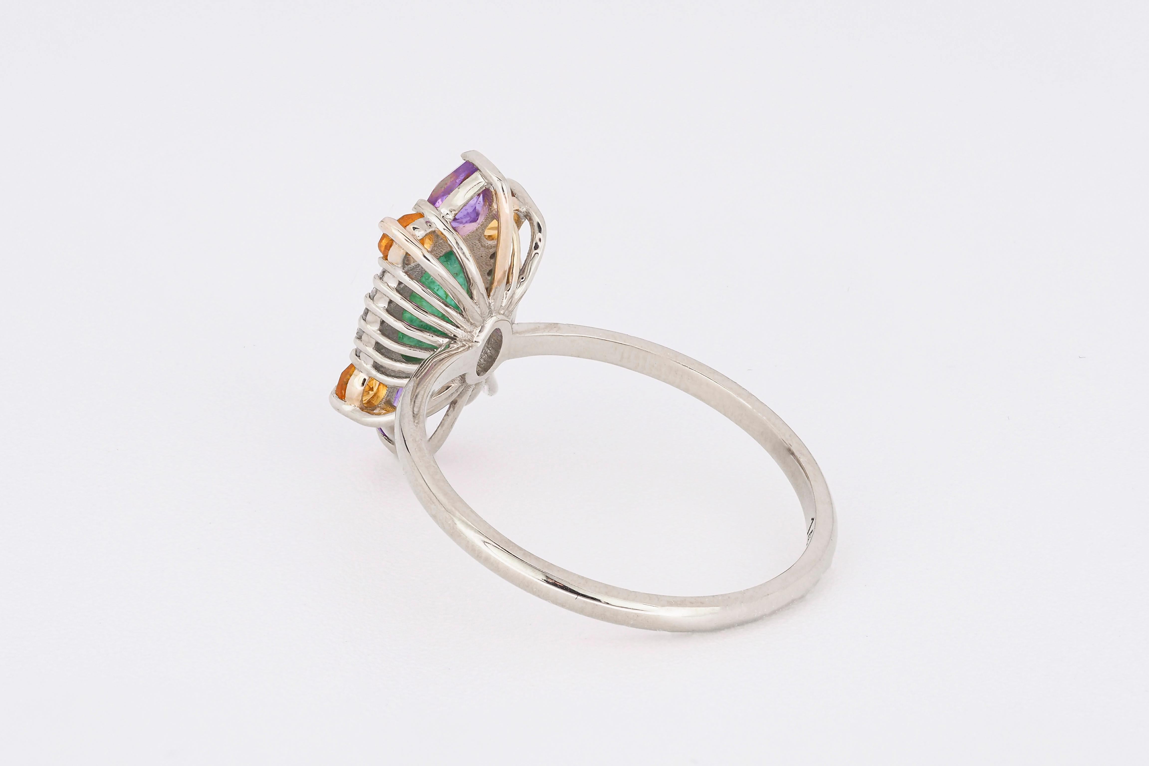 For Sale:  14 K Gold Ring with Oval Emerald, Sapphires, Amethysts and Diamonds! 4