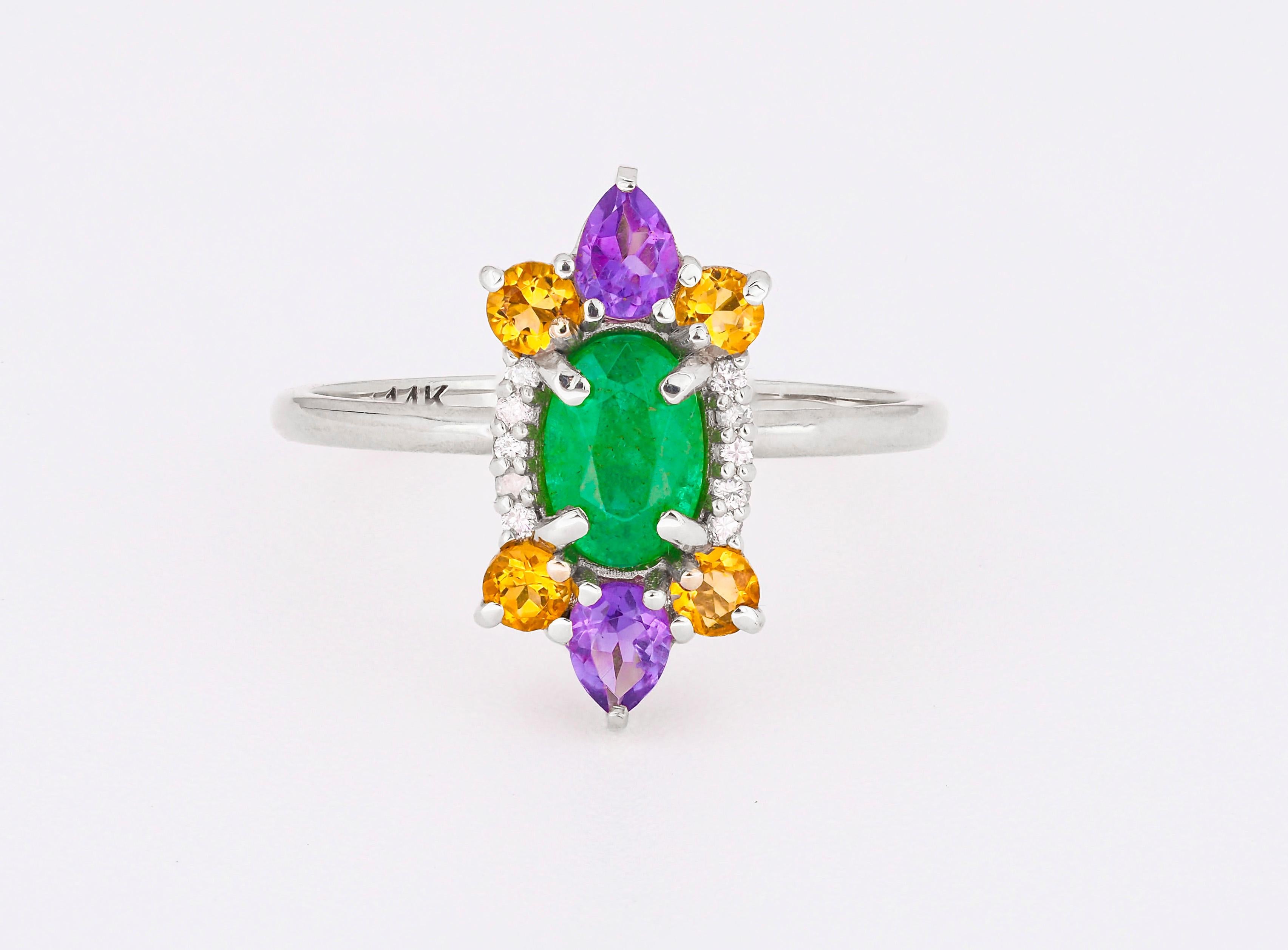 For Sale:  14 K Gold Ring with Oval Emerald, Sapphires, Amethysts and Diamonds! 5
