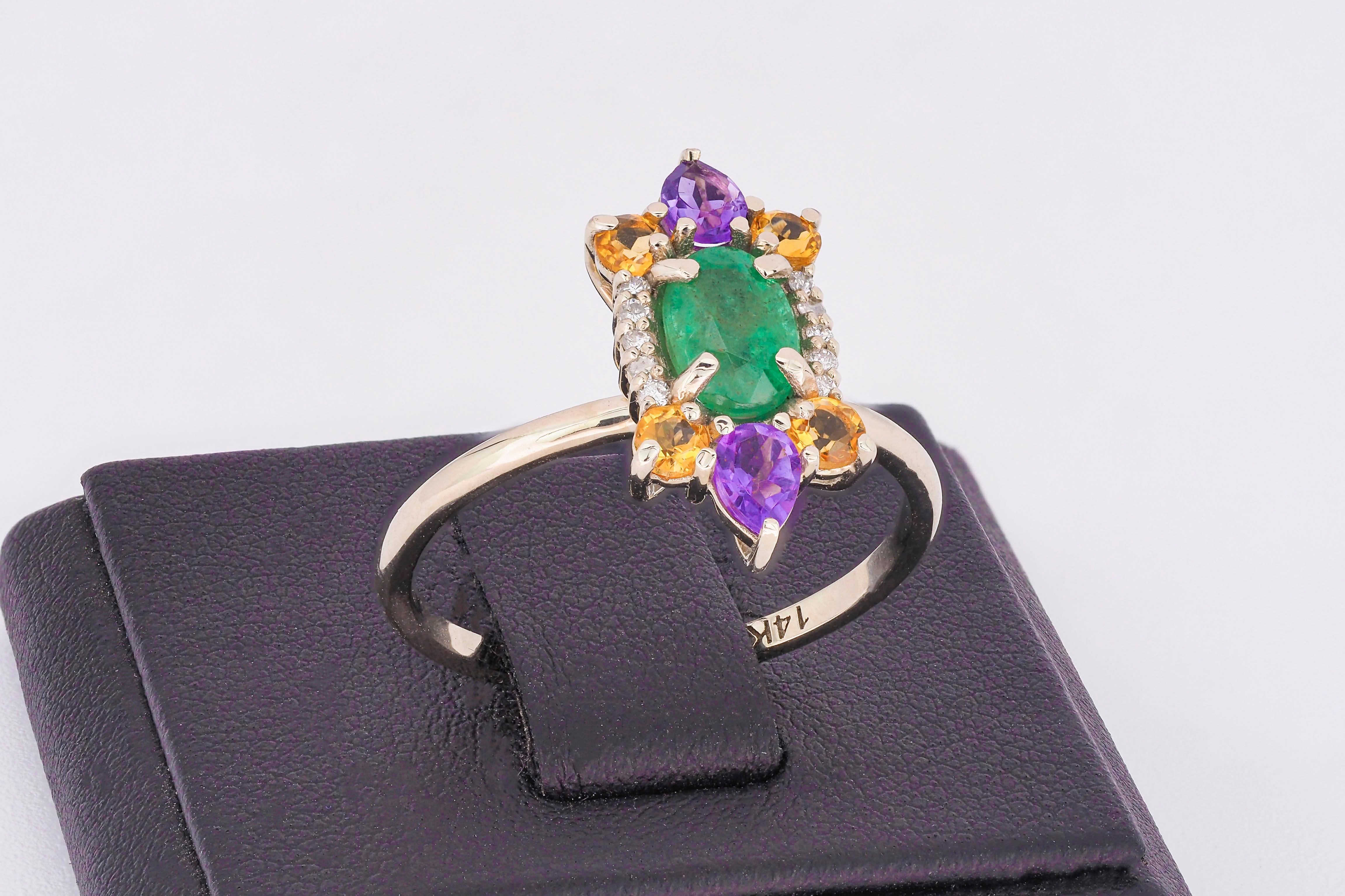 For Sale:  14 K Gold Ring with Oval Emerald, Sapphires, Amethysts and Diamonds! 6