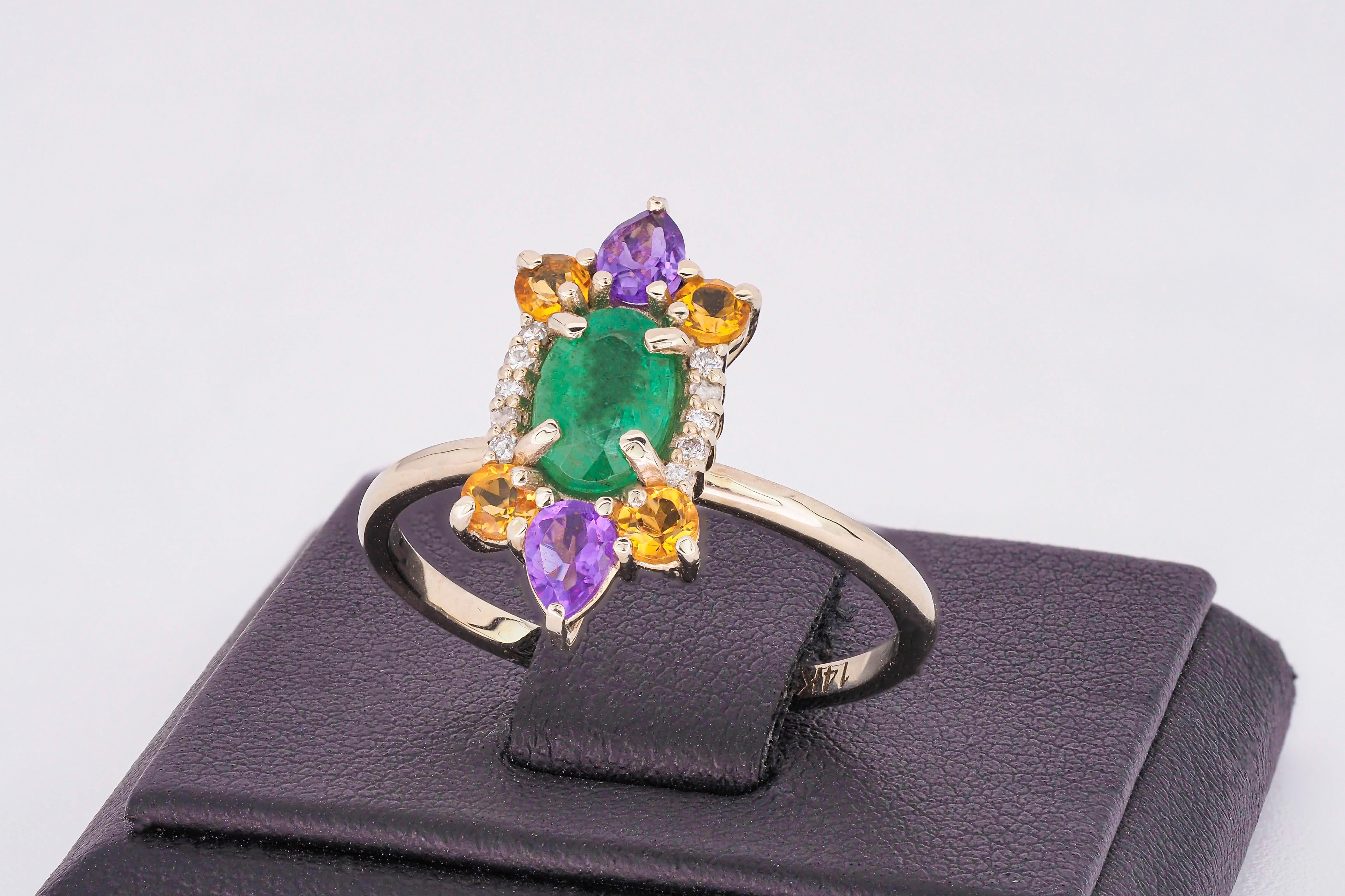 For Sale:  14 K Gold Ring with Oval Emerald, Sapphires, Amethysts and Diamonds! 7