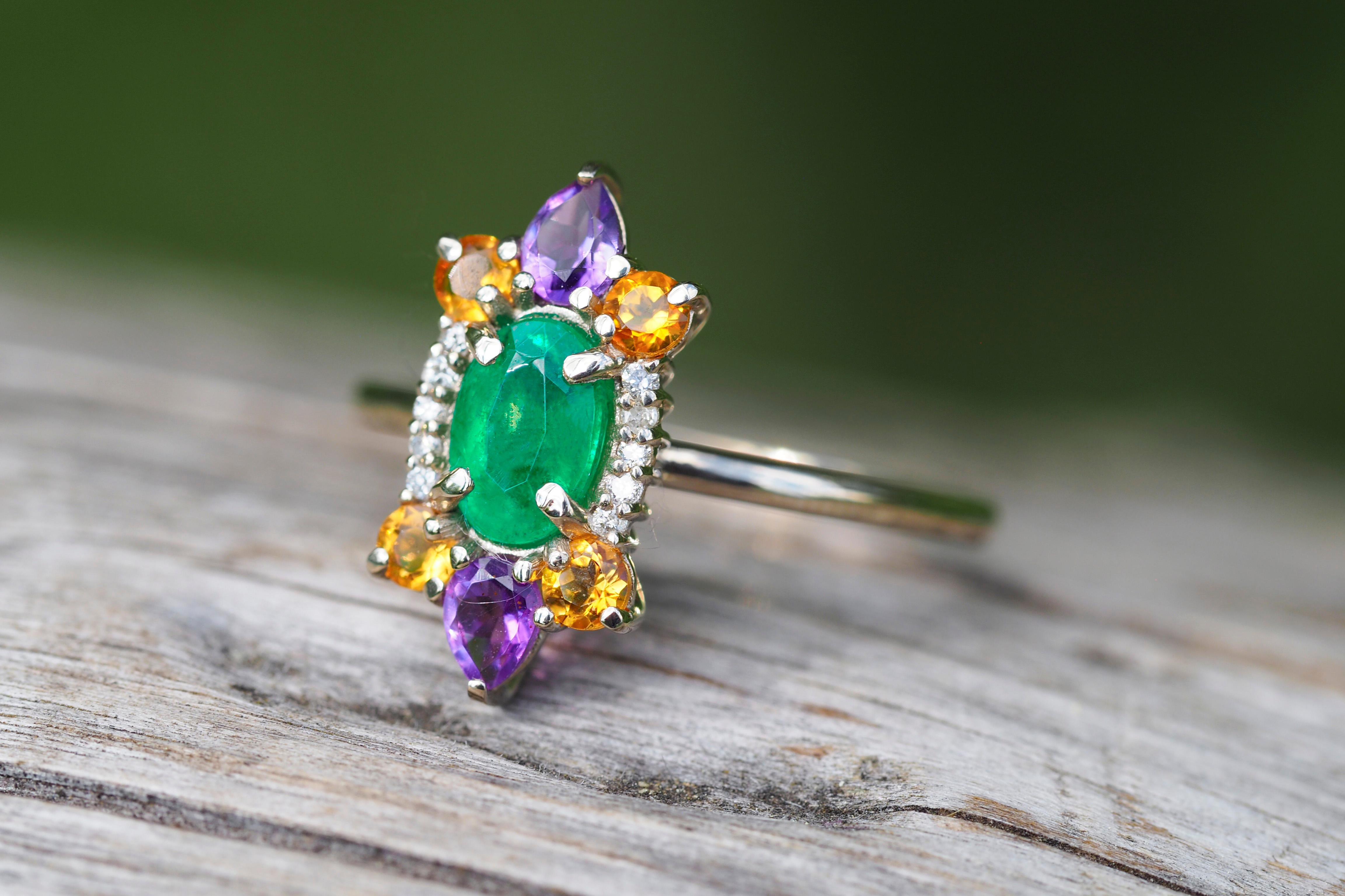 For Sale:  14 K Gold Ring with Oval Emerald, Sapphires, Amethysts and Diamonds! 9