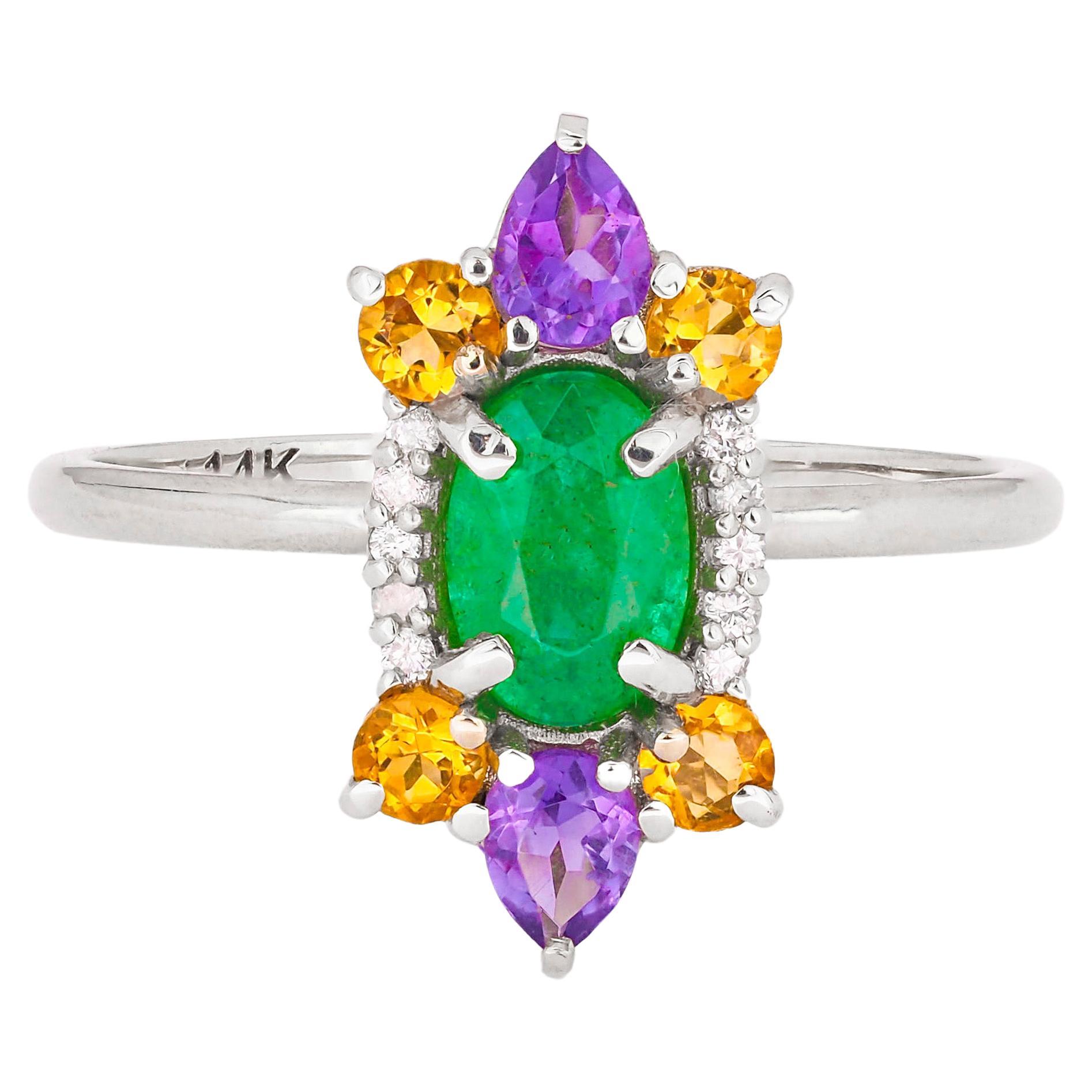 For Sale:  14 K Gold Ring with Oval Emerald, Sapphires, Amethysts and Diamonds!