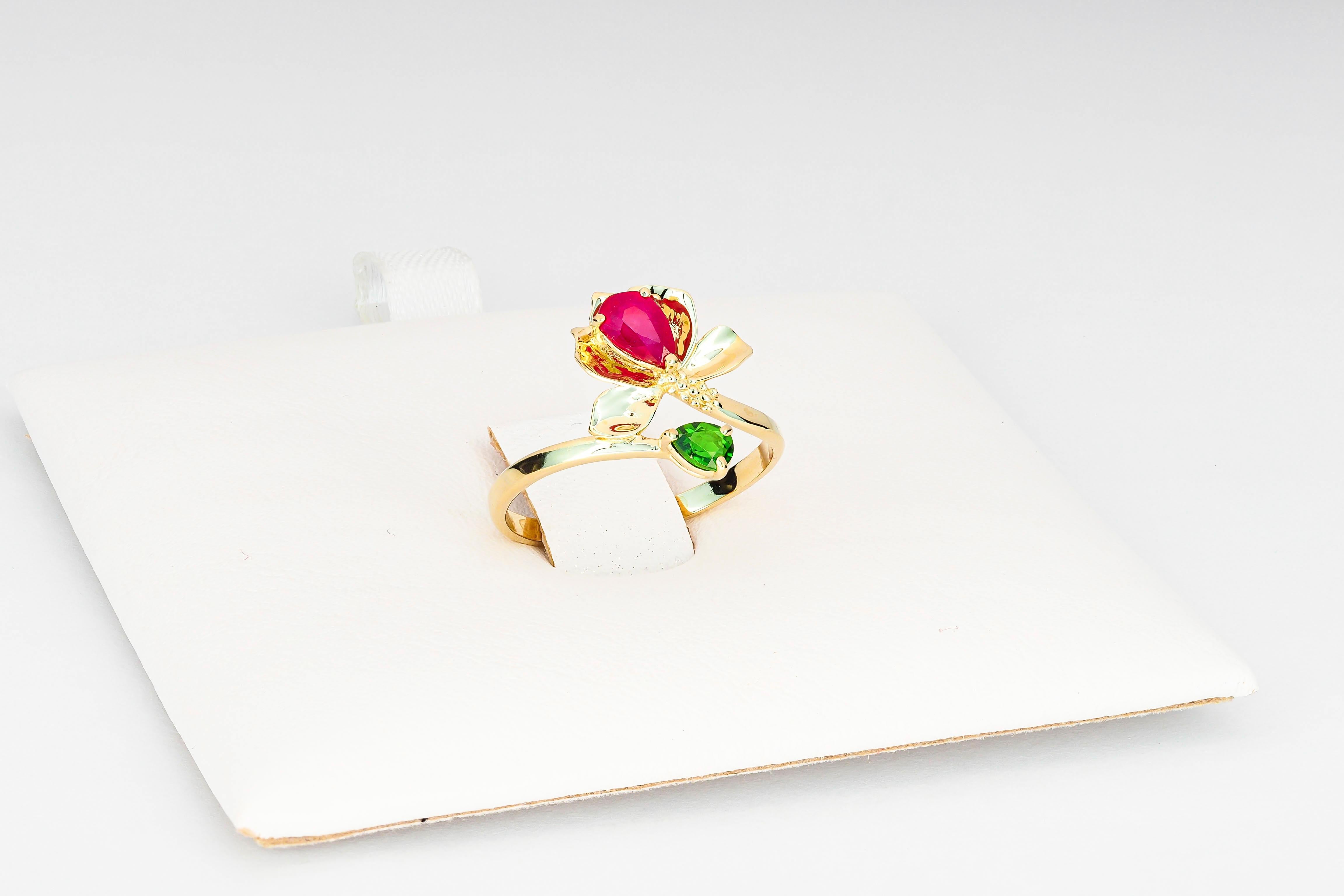 For Sale:  14 K Gold Ring with Ruby and Chrome Diopside. Water Lily Flower Gold Ring! 2