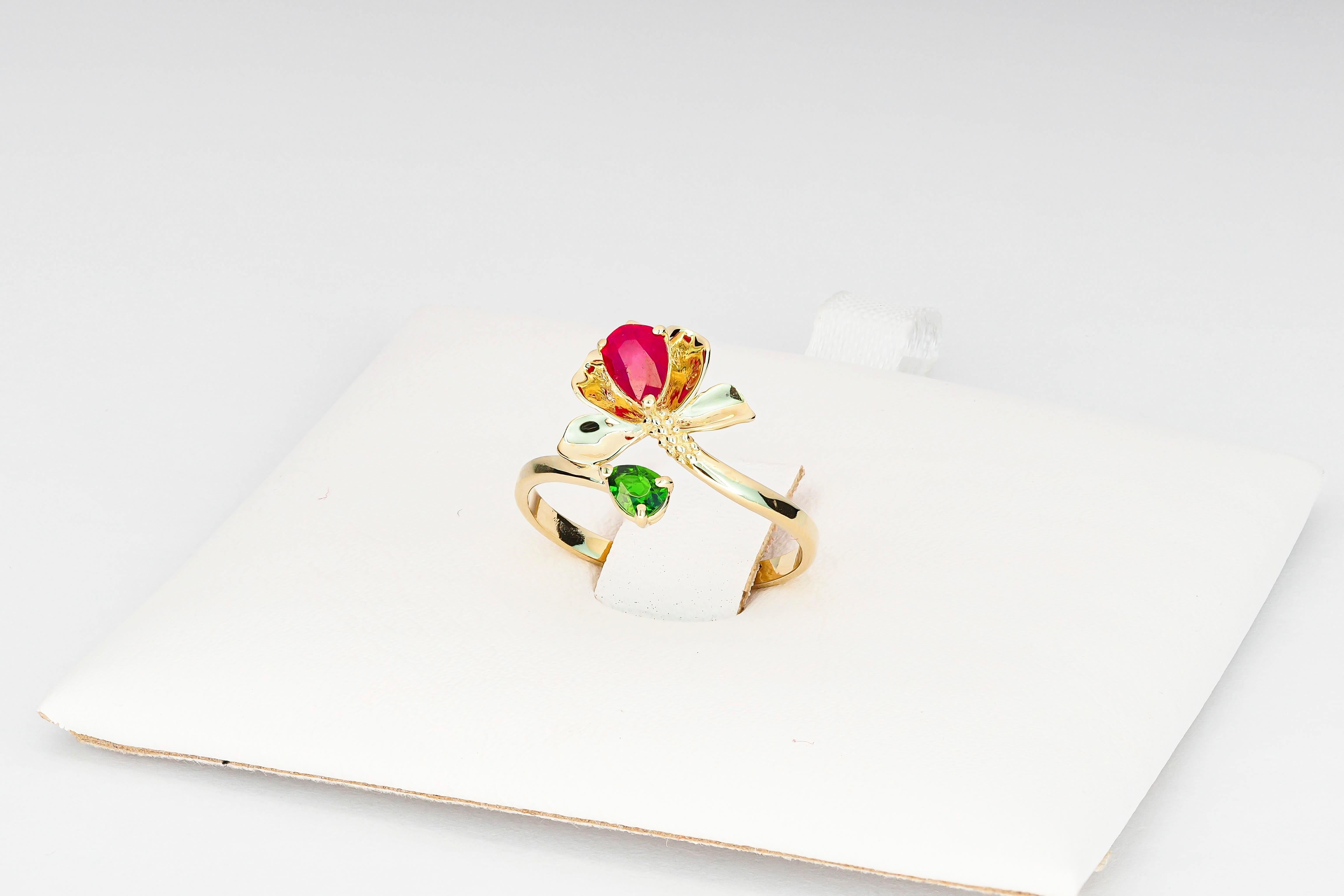 For Sale:  14 K Gold Ring with Ruby and Chrome Diopside. Water Lily Flower Gold Ring! 3