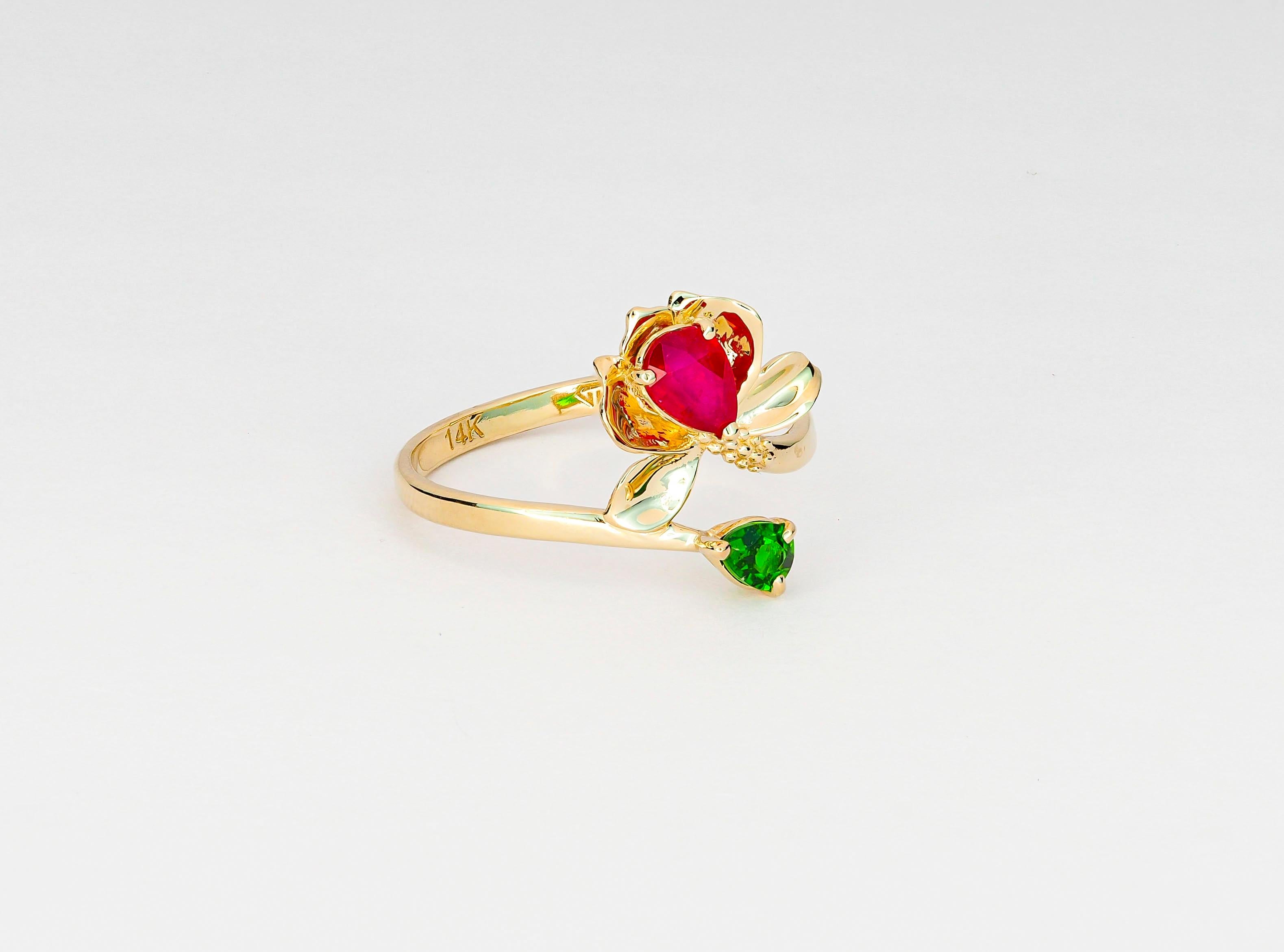For Sale:  14 K Gold Ring with Ruby and Chrome Diopside. Water Lily Flower Gold Ring! 5