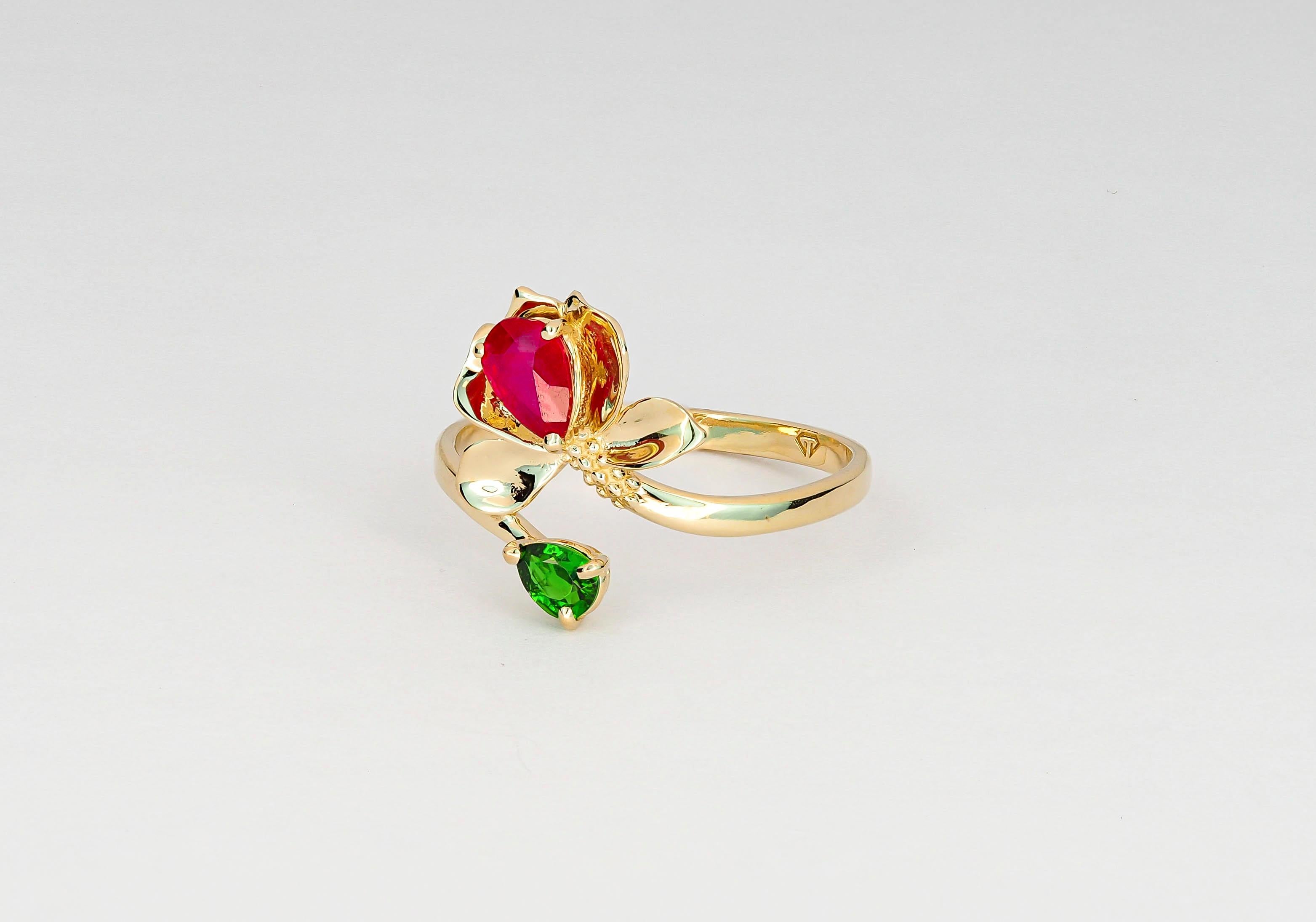 For Sale:  14 K Gold Ring with Ruby and Chrome Diopside. Water Lily Flower Gold Ring! 7