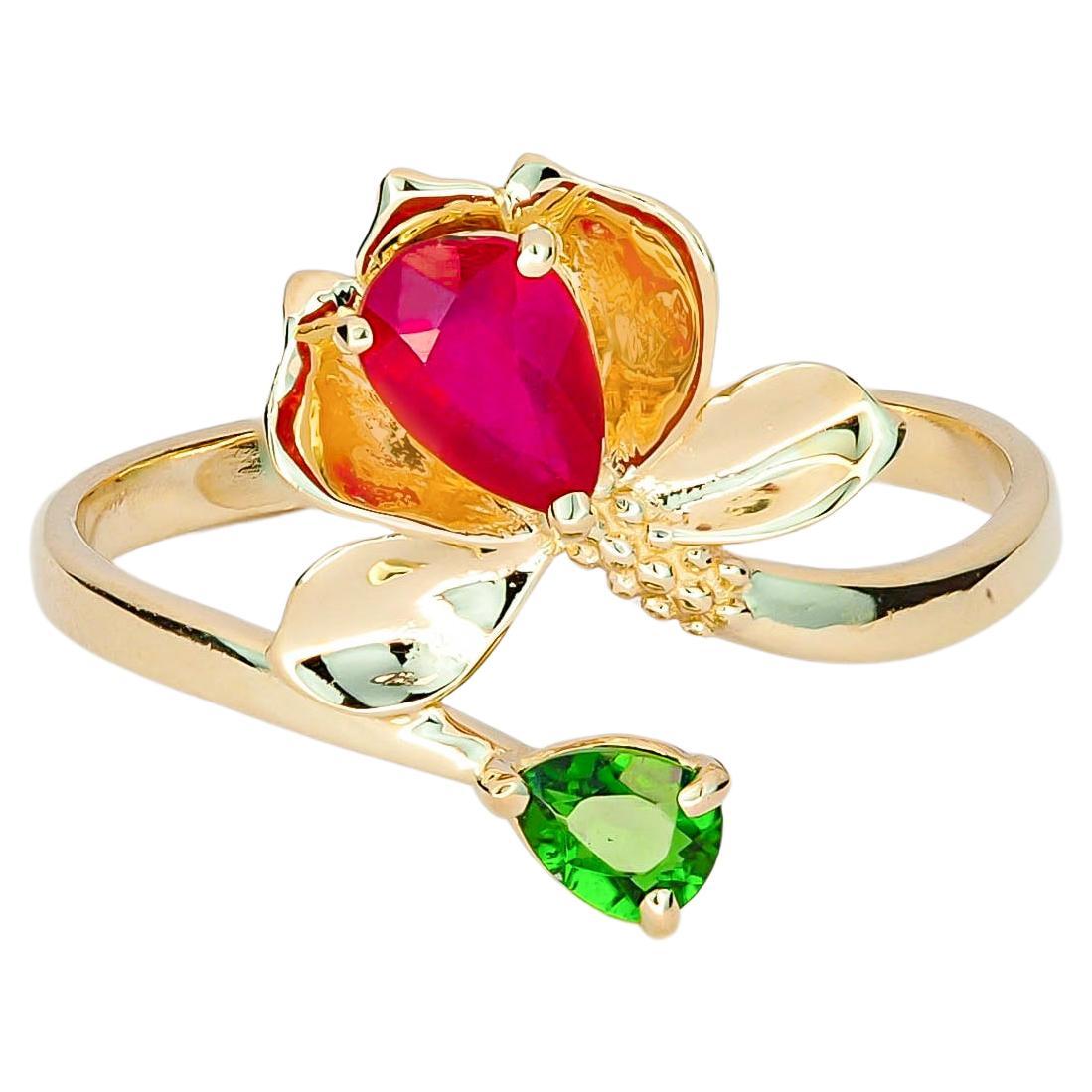 For Sale:  14 K Gold Ring with Ruby and Chrome Diopside. Water Lily Flower Gold Ring!
