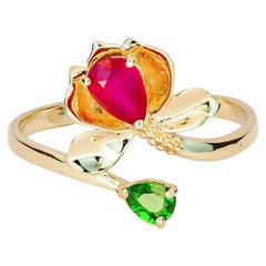 14 K Gold Ring with Ruby and Chrome Diopside, Water Lily Flower Gold Ring