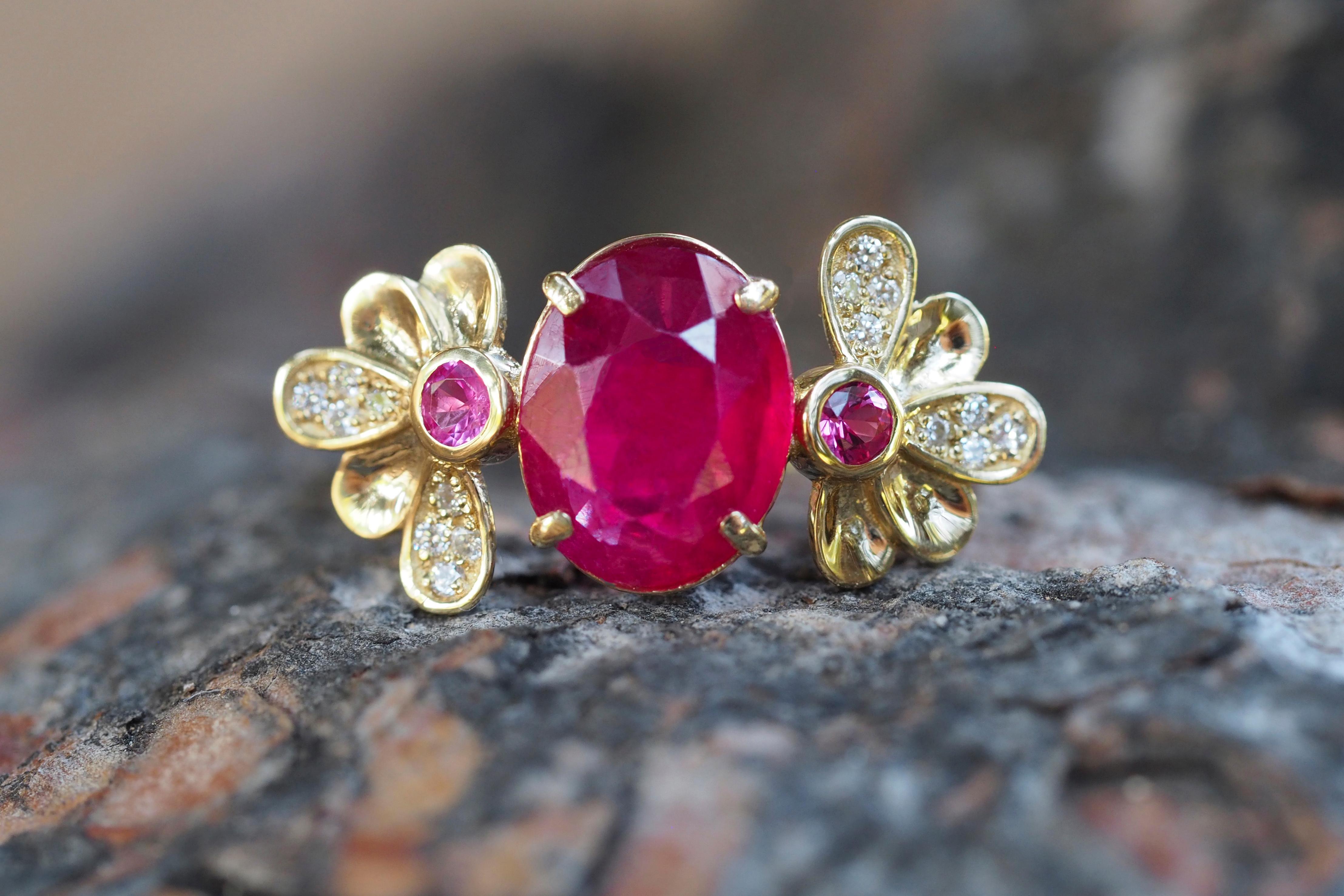 For Sale:  14 Karat Gold Ring with Ruby and Diamonds. Flower design ruby ring 3