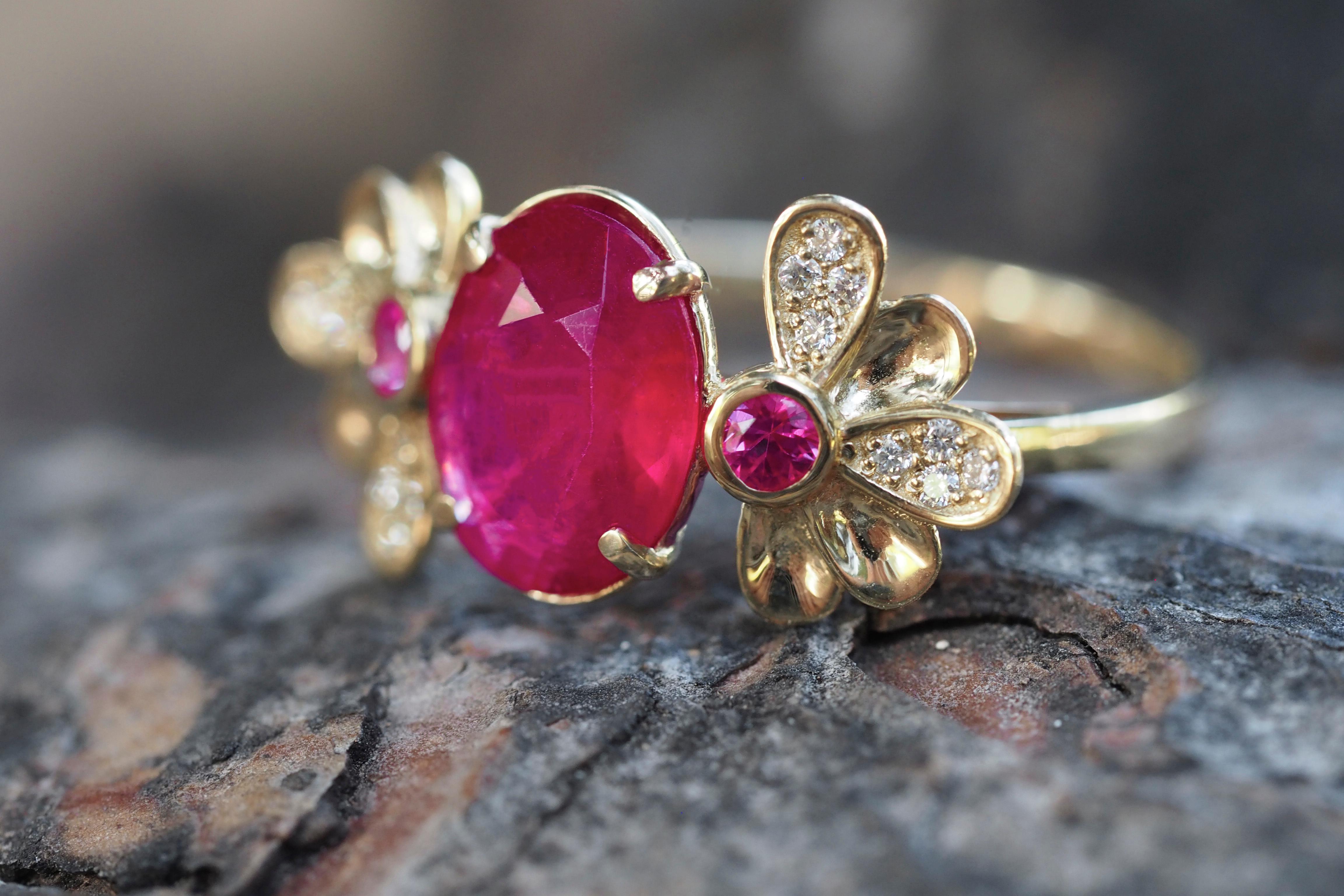 For Sale:  14 Karat Gold Ring with Ruby and Diamonds. Flower design ruby ring 4