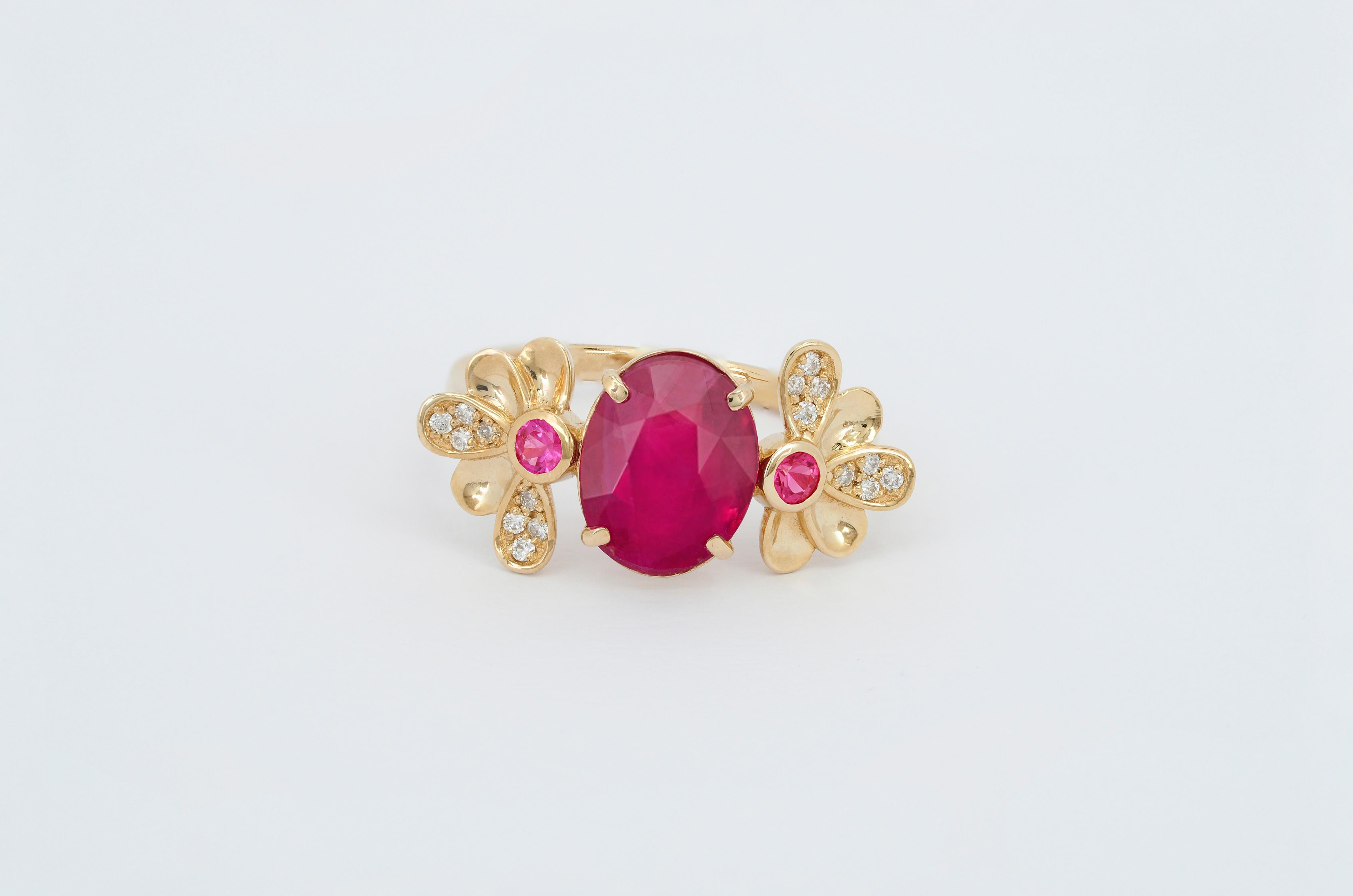 For Sale:  14 Karat Gold Ring with Ruby and Diamonds. Flower design ruby ring 5