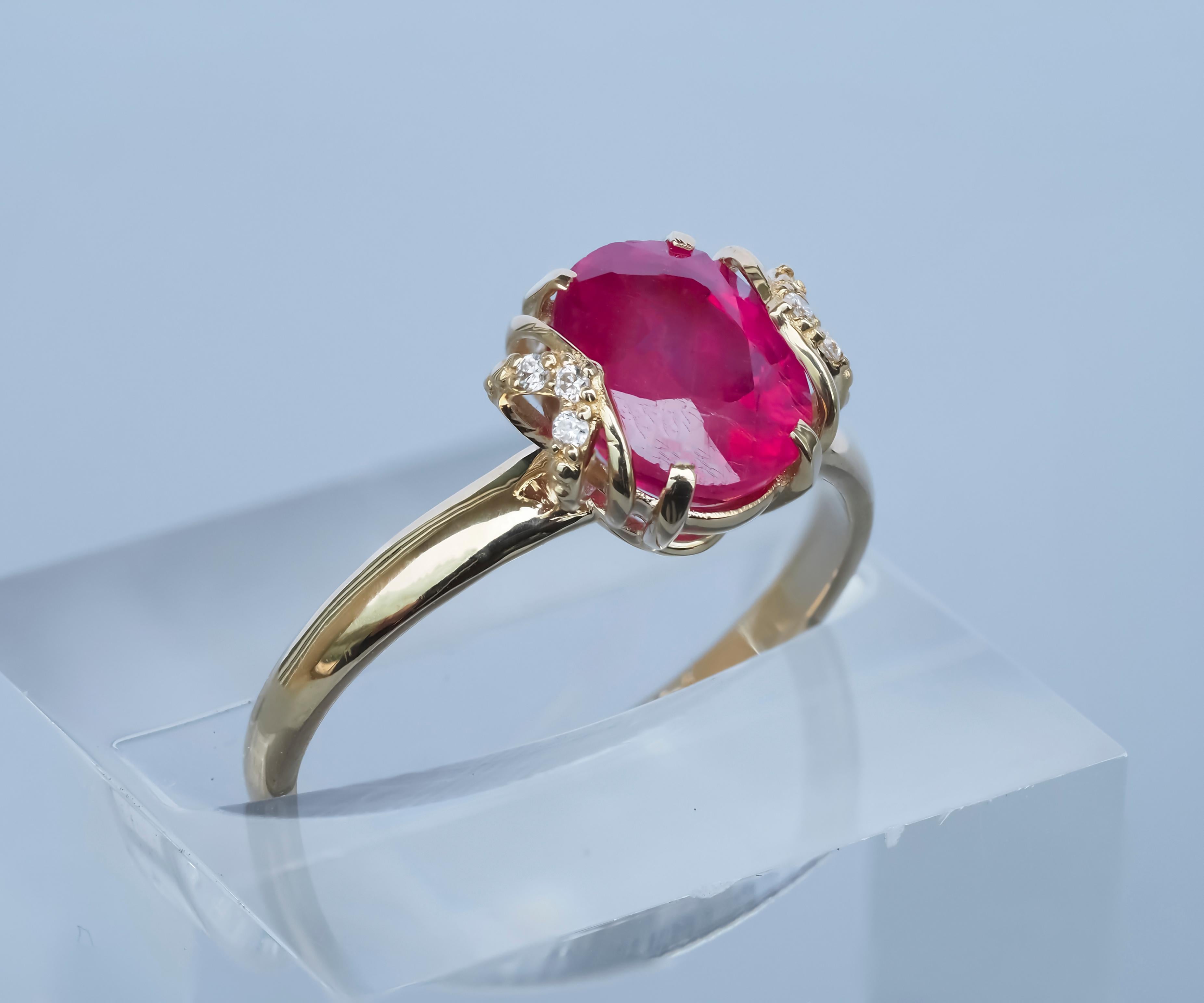 For Sale:  14 Karat Gold Ring with Ruby and Diamonds. Oval ruby ring! 6