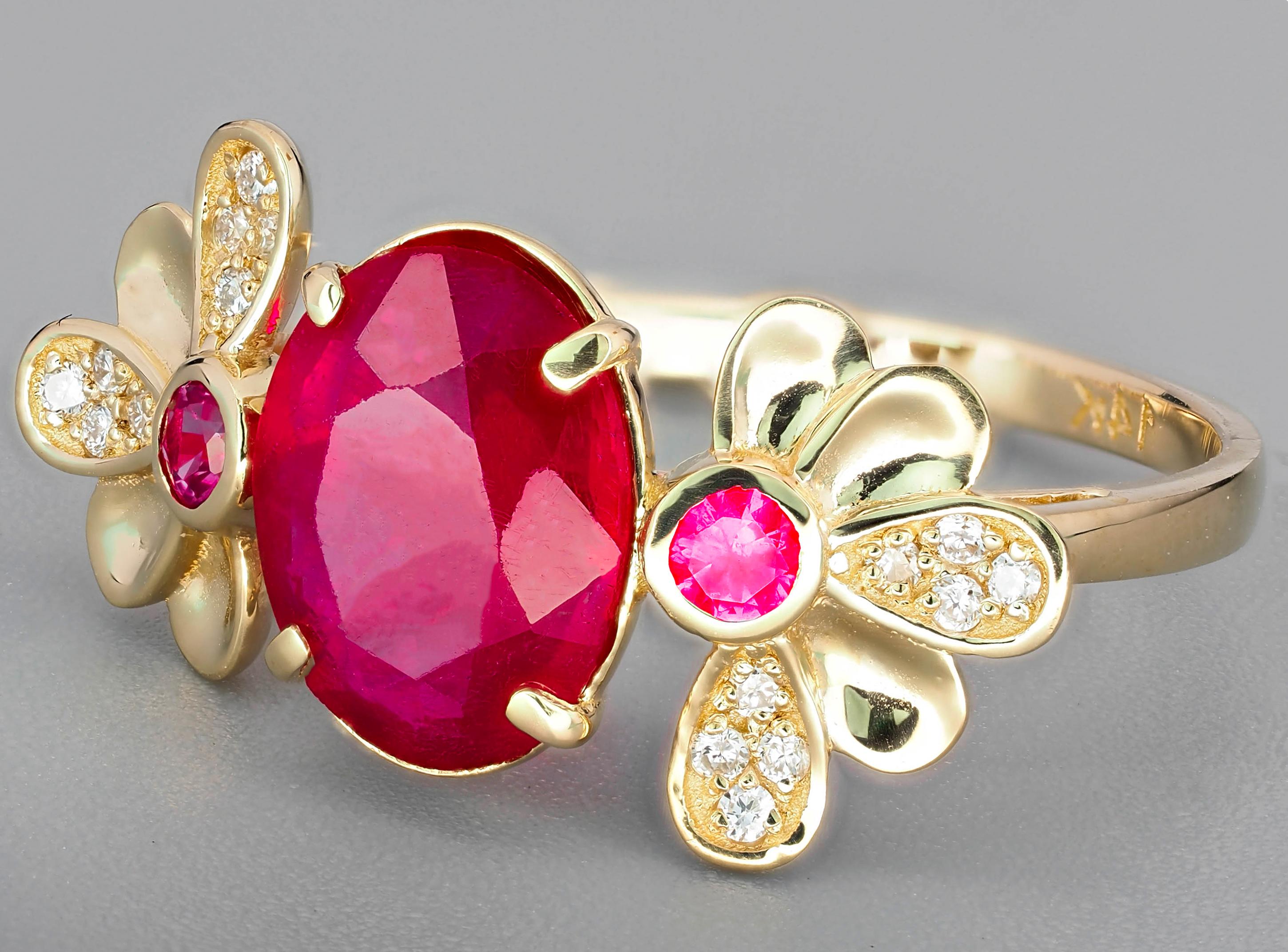 For Sale:  14 Karat Gold Ring with Ruby and Diamonds. Flower design ruby ring 7