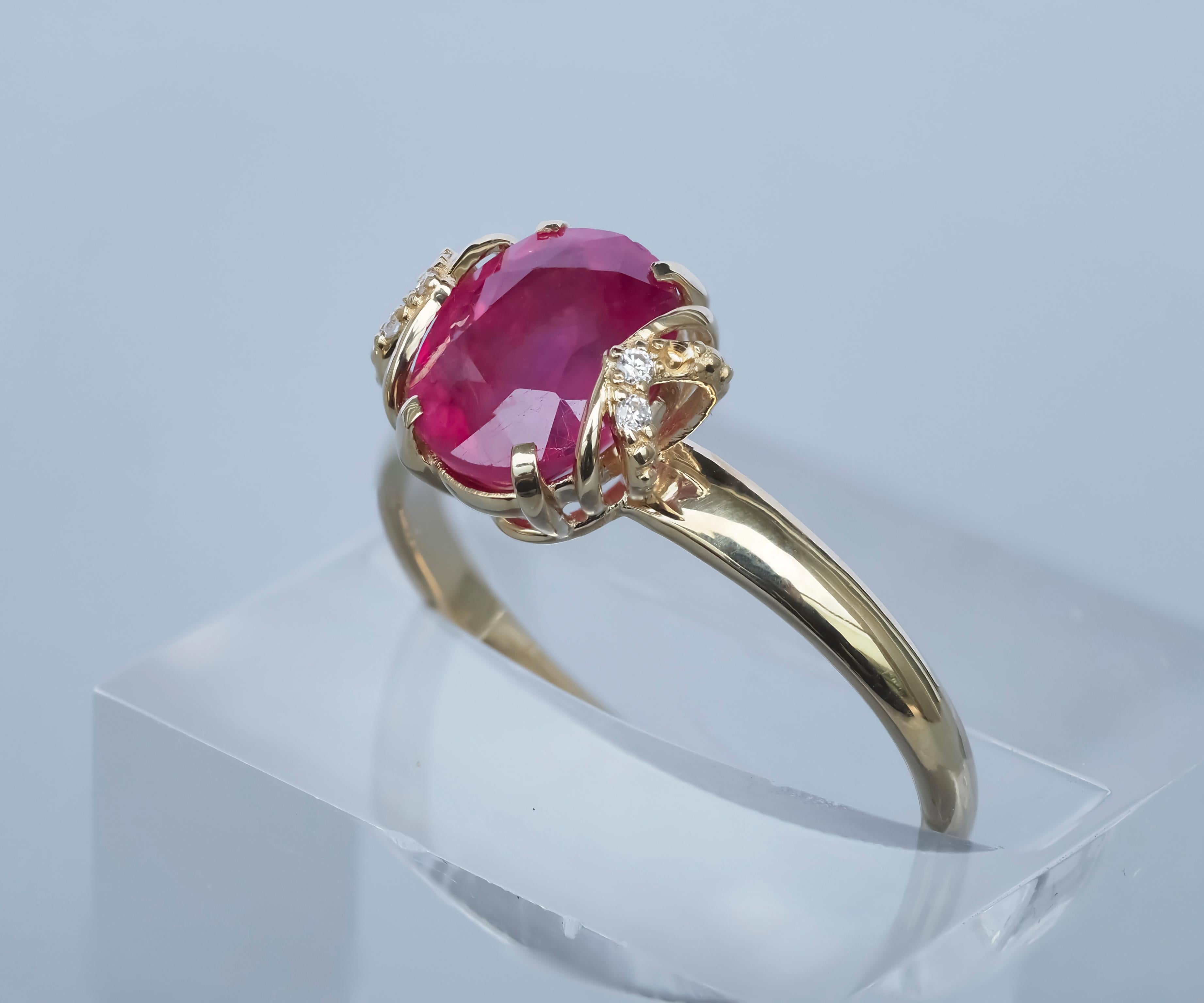 For Sale:  14 Karat Gold Ring with Ruby and Diamonds. Oval ruby ring! 8