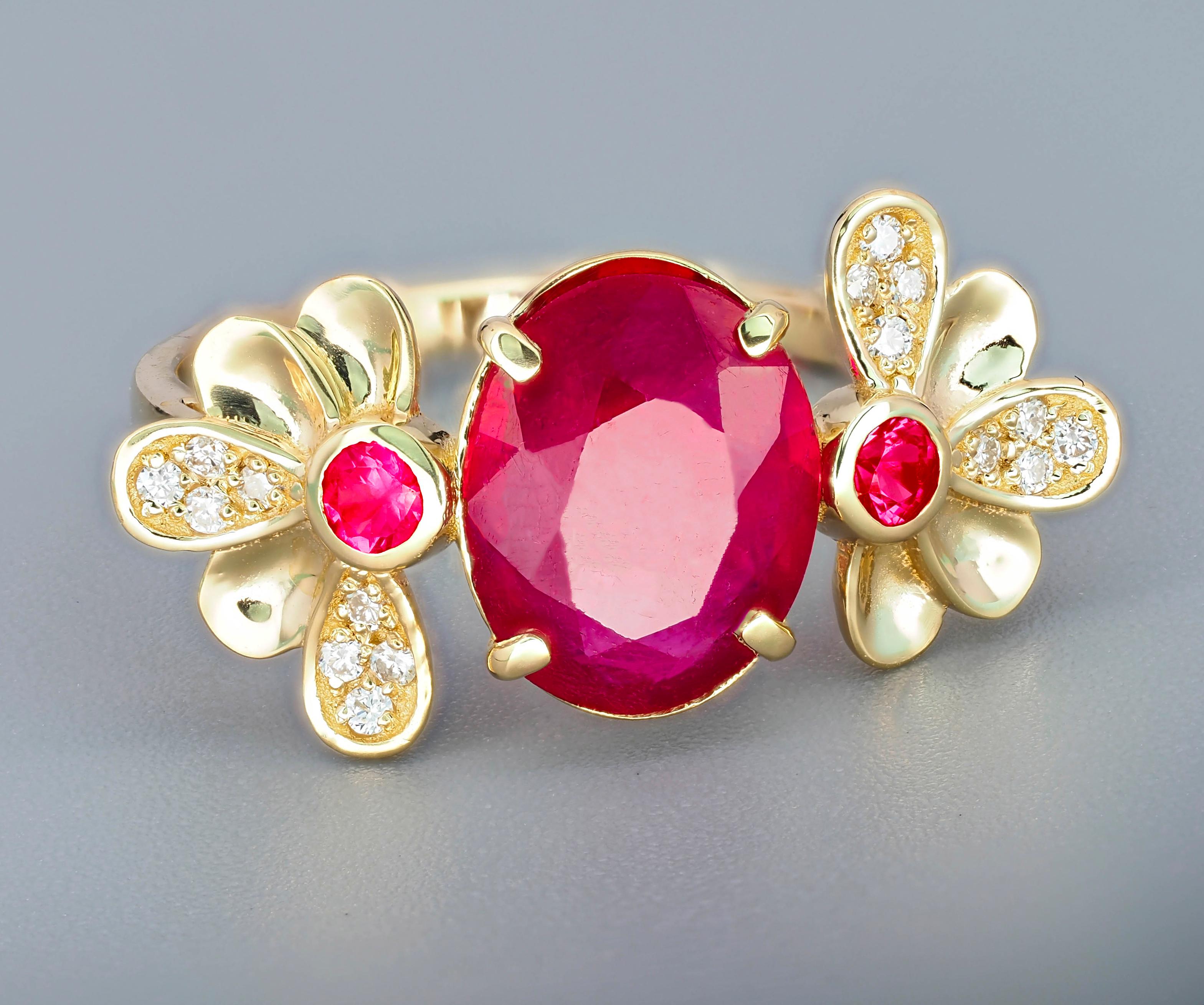 For Sale:  14 Karat Gold Ring with Ruby and Diamonds. Flower design ruby ring 8