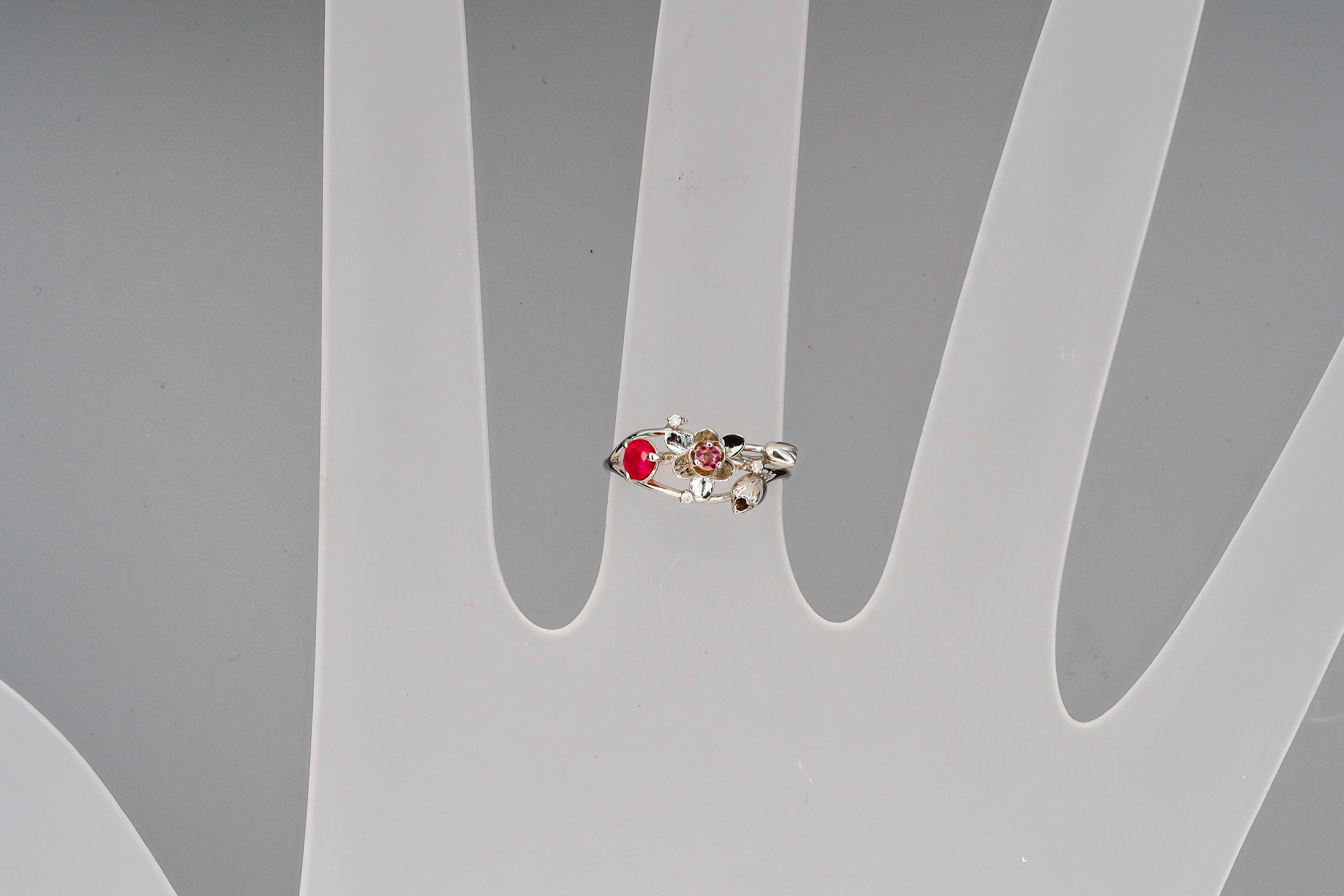 For Sale:  14 karat gold Ring with Ruby and Diamonds. Orchid flower Gold Ring 10