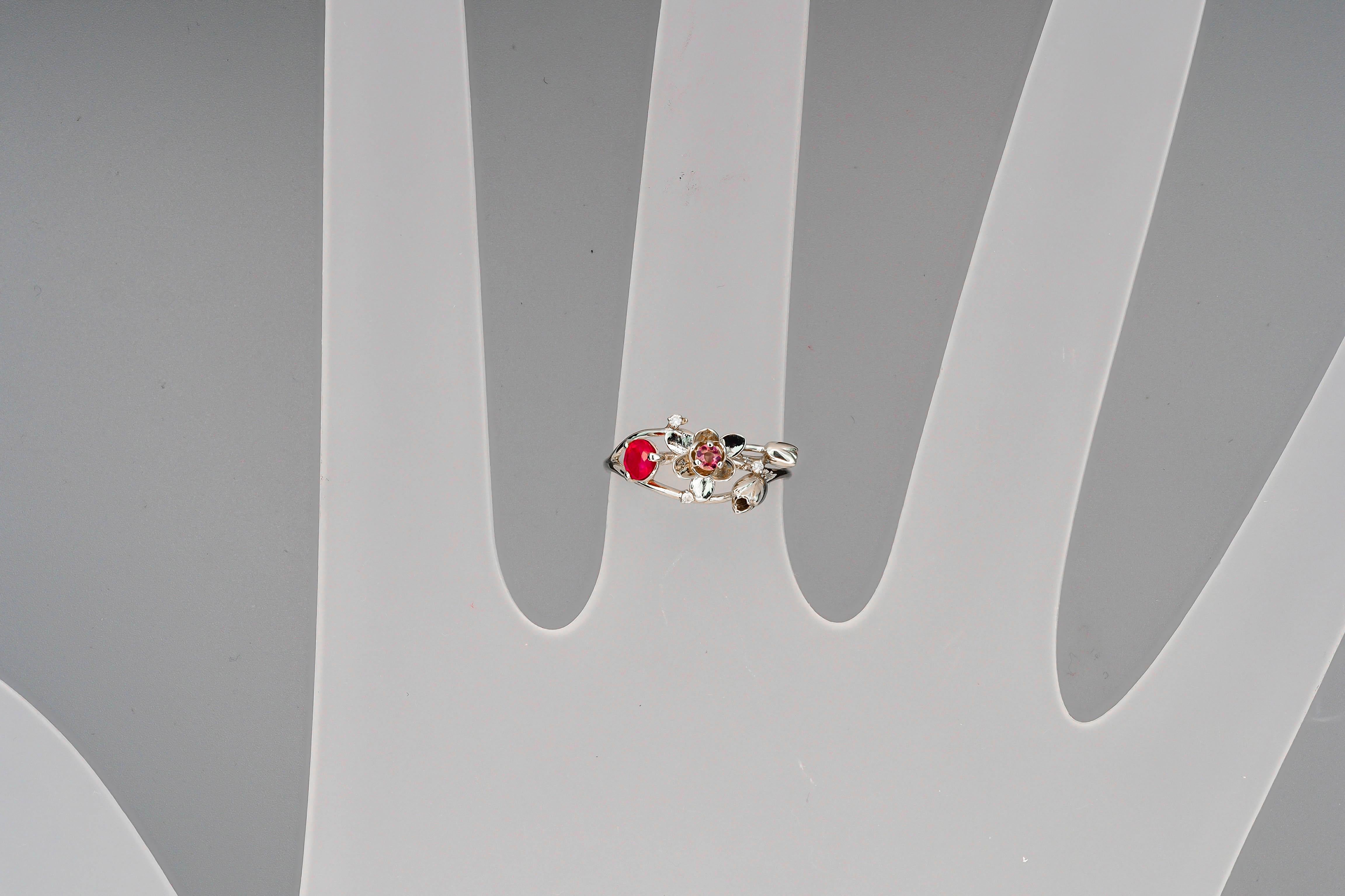 For Sale:  Orchid flower 14k Gold Ring with Ruby and Diamonds. 10