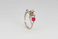 Orchid flower 14k Gold Ring with Ruby and Diamonds.