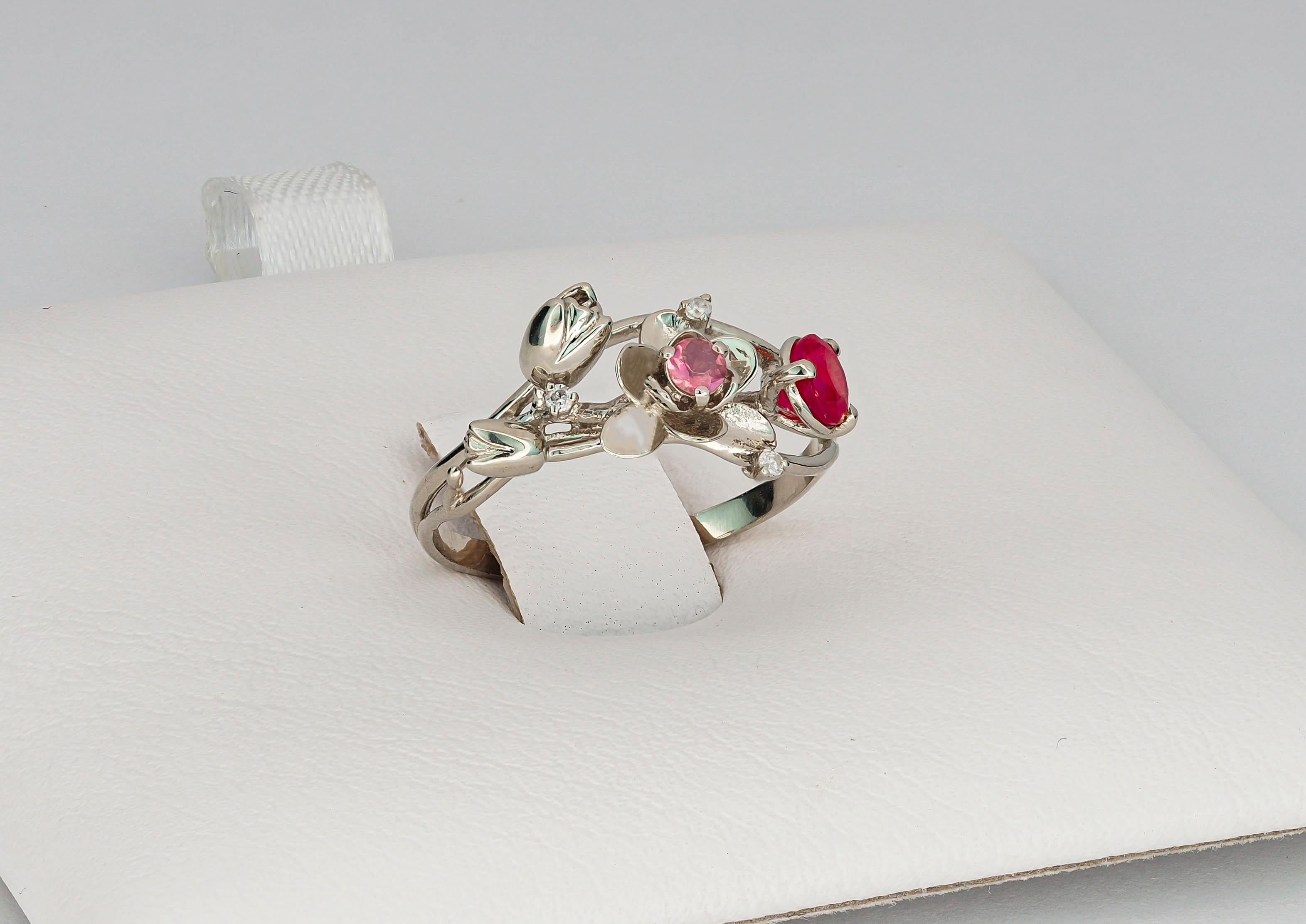 For Sale:  14 karat gold Ring with Ruby and Diamonds. Orchid flower Gold Ring 7
