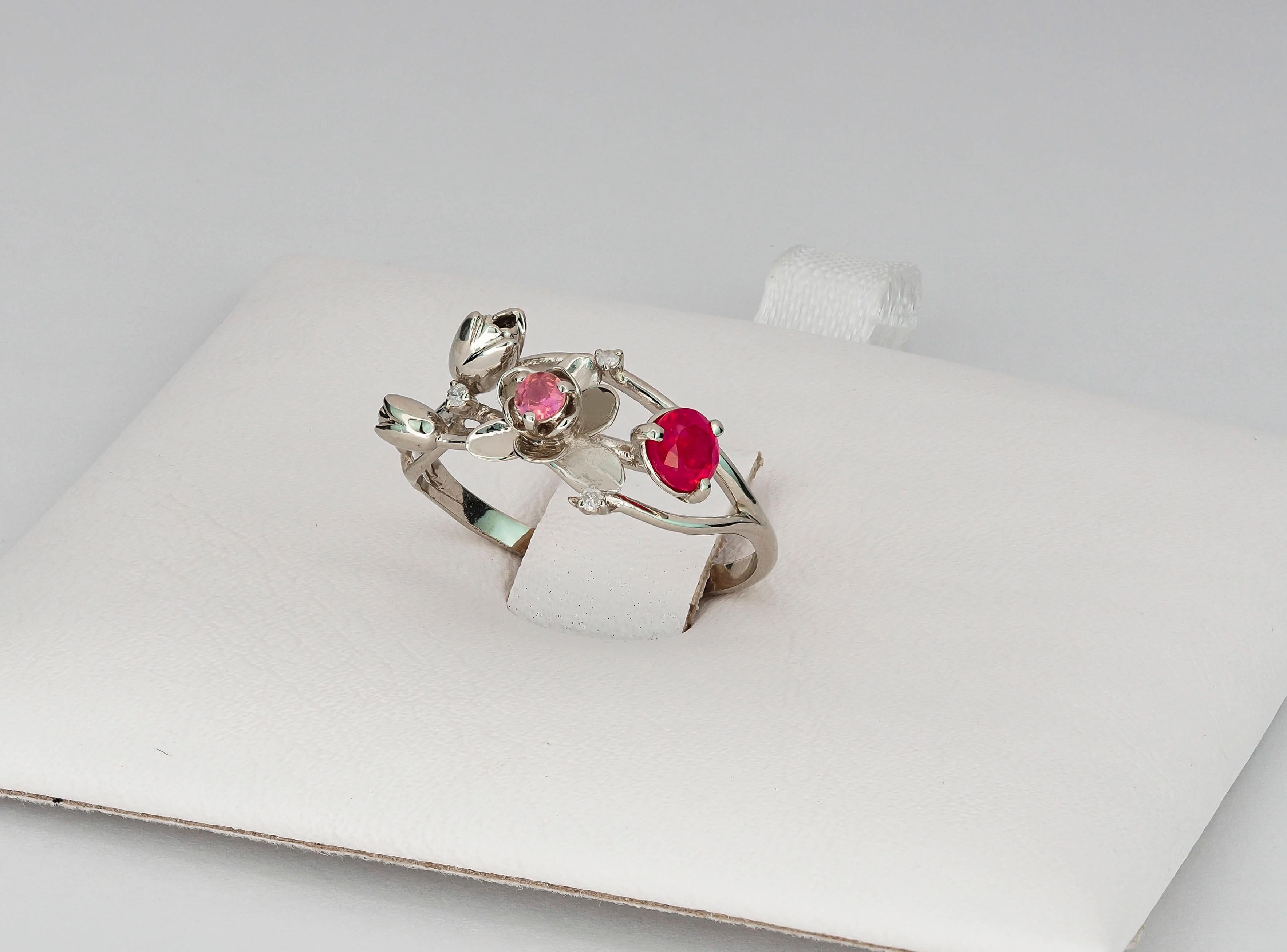 For Sale:  14 karat gold Ring with Ruby and Diamonds. Orchid flower Gold Ring 9