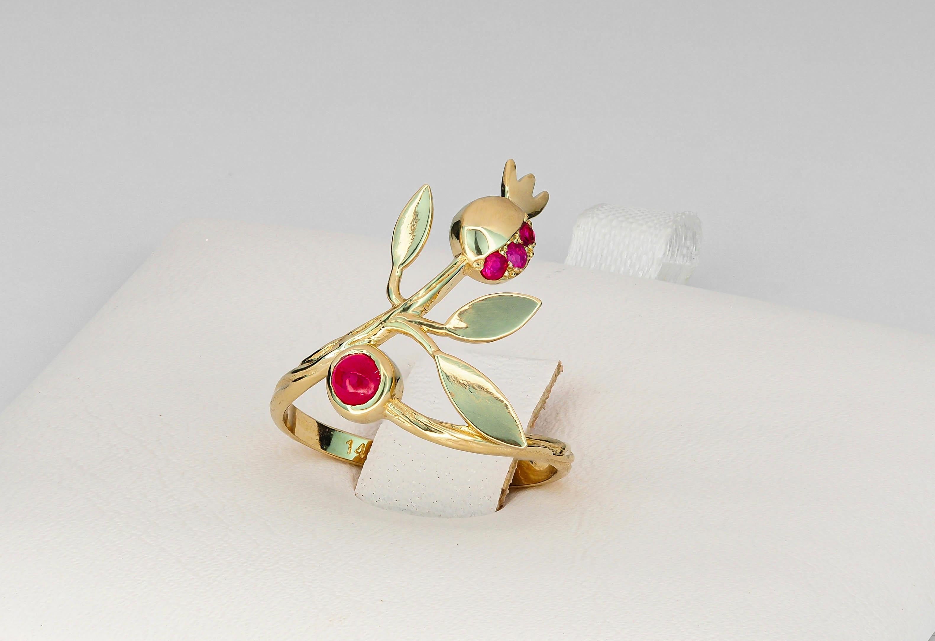 For Sale:  14 karat Gold Ring with Ruby, Sapphires. Pomegranate ring. July birthstone ring! 3