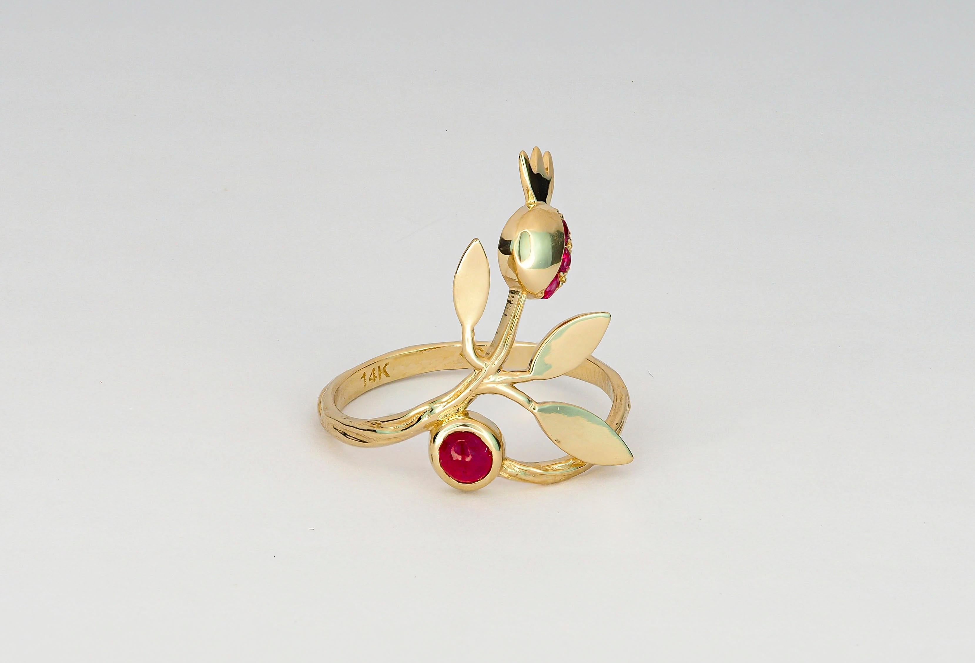 For Sale:  14 karat Gold Ring with Ruby, Sapphires. Pomegranate ring. July birthstone ring! 5