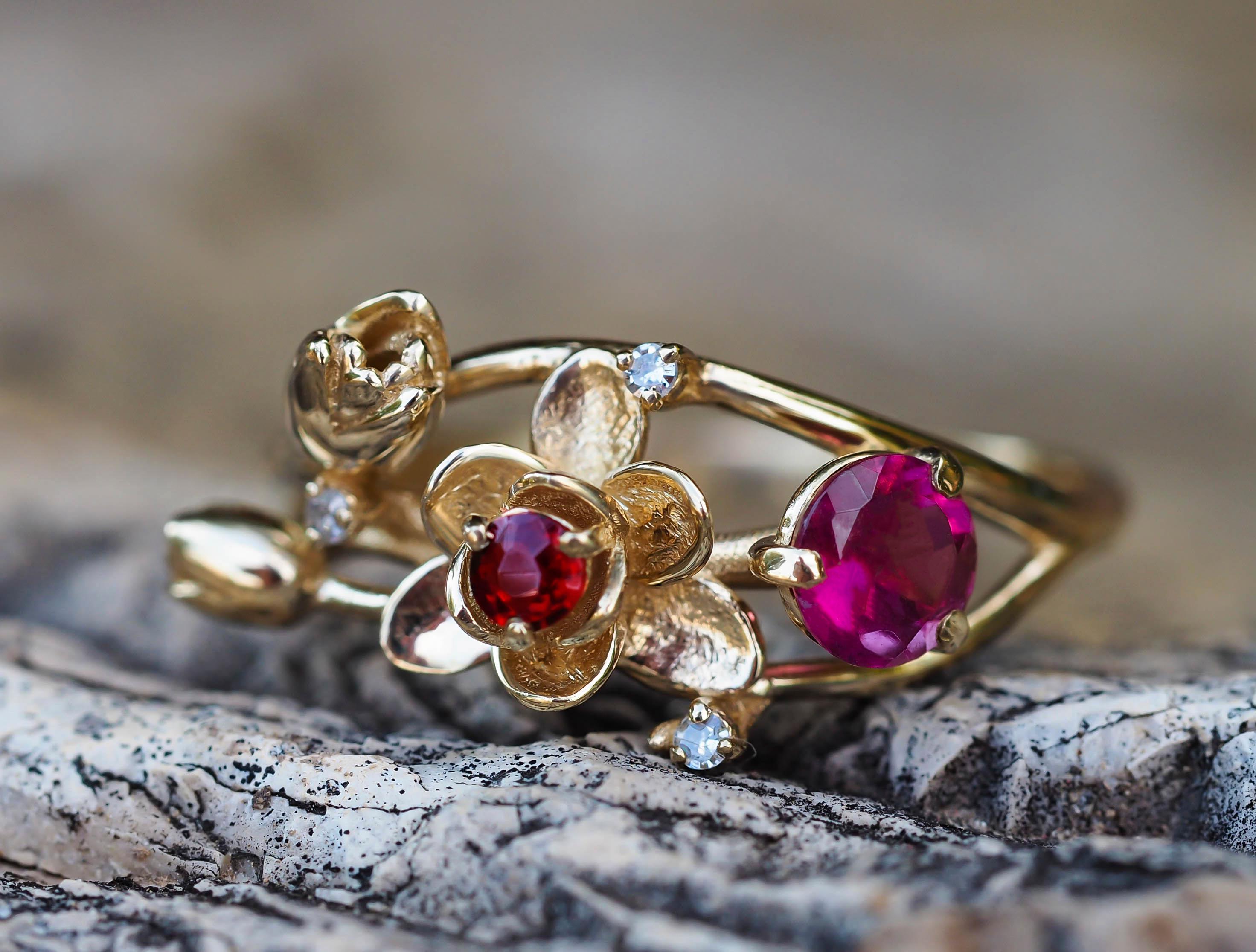 For Sale:  Ruby ring. 14k Gold Ring with Ruby, Garnet and Diamonds. Orchid Flower Ring. 10
