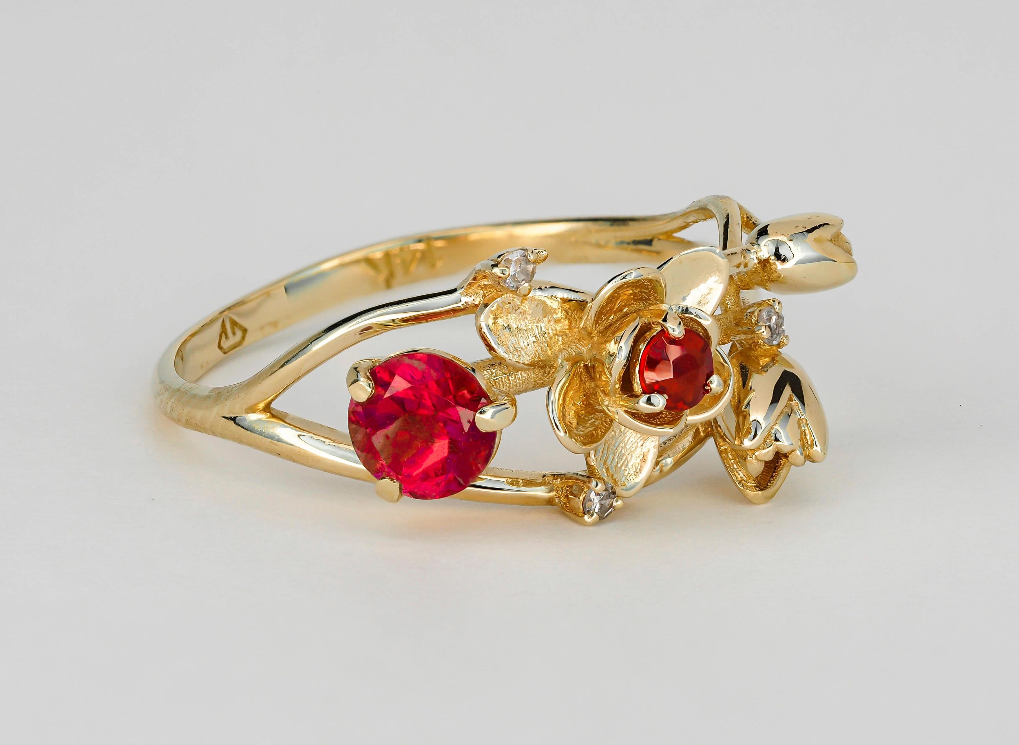 For Sale:  Ruby ring. 14k Gold Ring with Ruby, Garnet and Diamonds. Orchid Flower Ring. 2