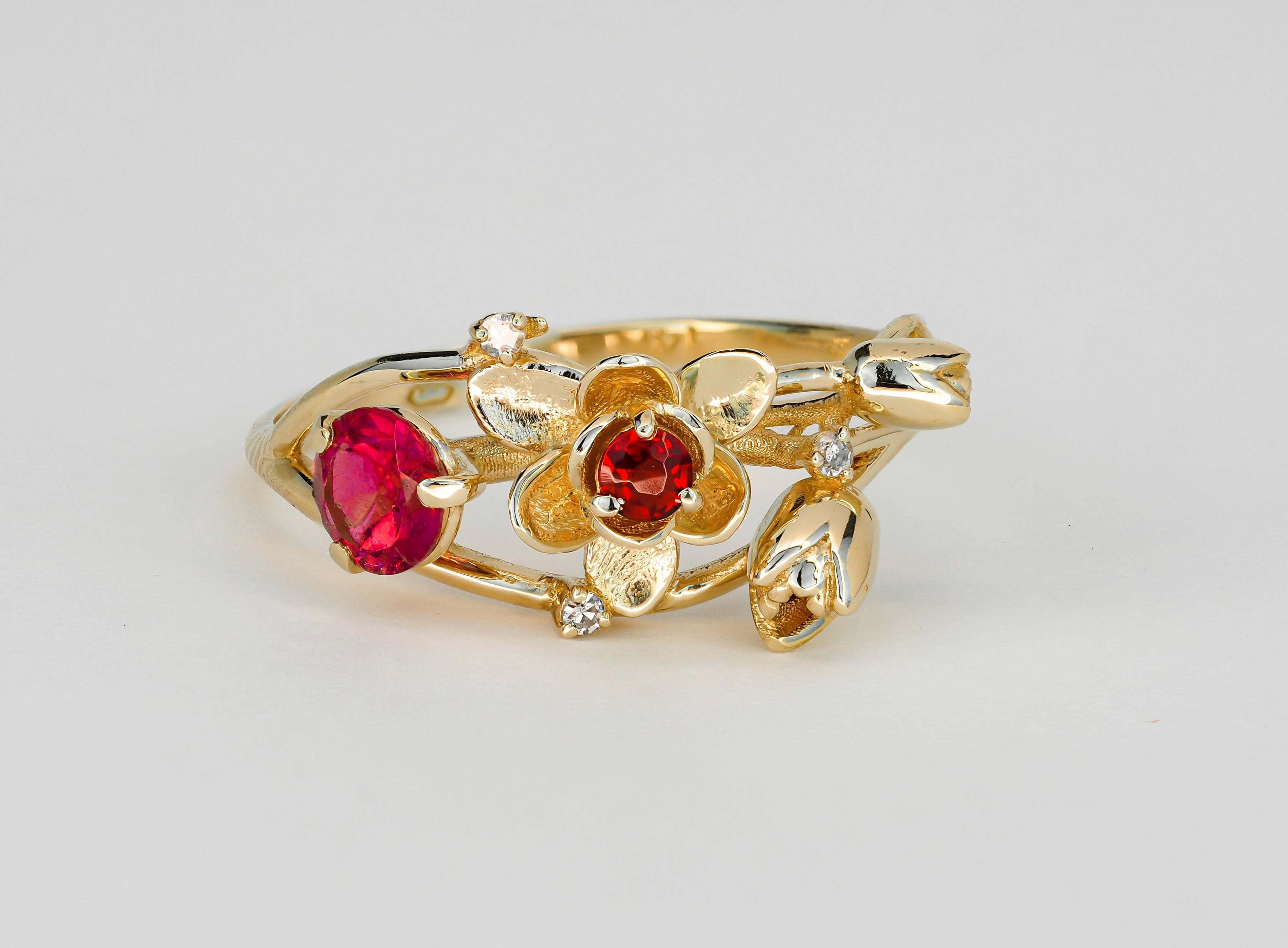 For Sale:  Ruby ring. 14k Gold Ring with Ruby, Garnet and Diamonds. Orchid Flower Ring. 3