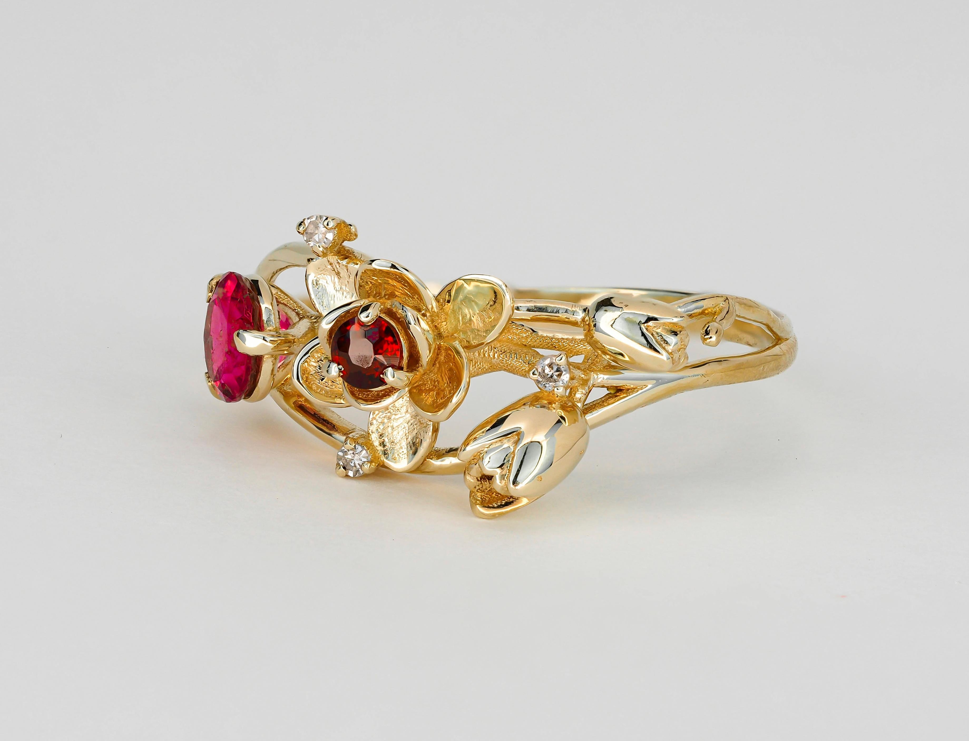 For Sale:  Ruby ring. 14k Gold Ring with Ruby, Garnet and Diamonds. Orchid Flower Ring. 4