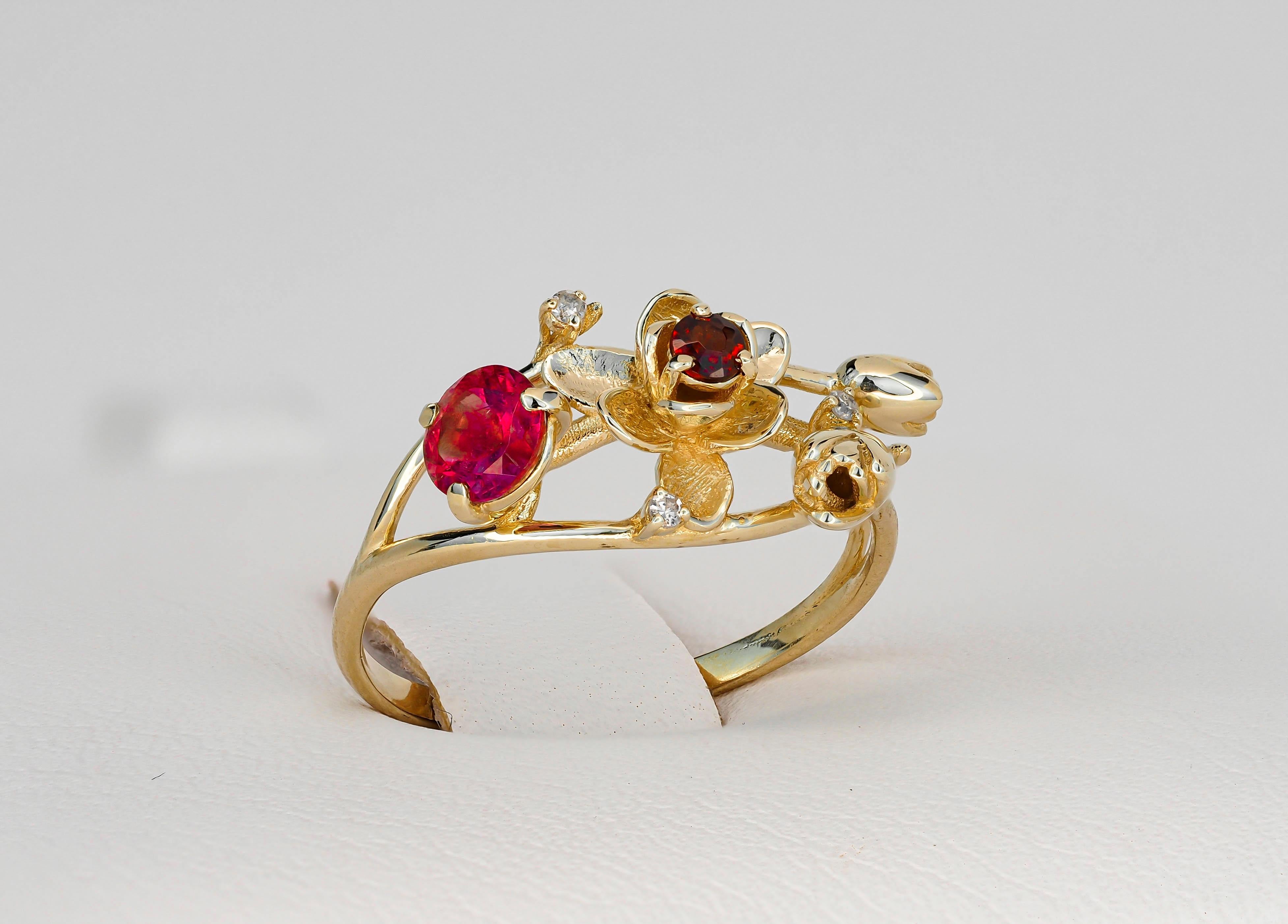 For Sale:  Ruby ring. 14k Gold Ring with Ruby, Garnet and Diamonds. Orchid Flower Ring. 5