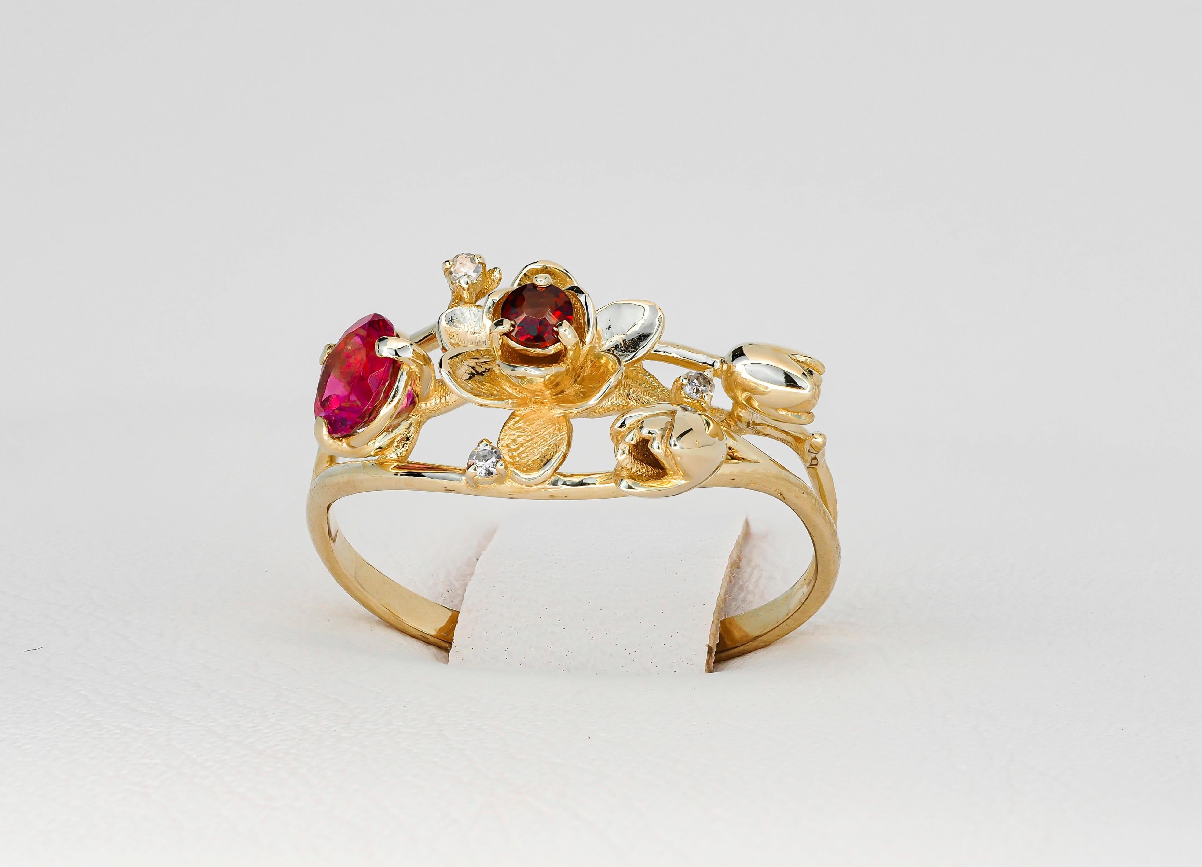 For Sale:  Ruby ring. 14k Gold Ring with Ruby, Garnet and Diamonds. Orchid Flower Ring. 6