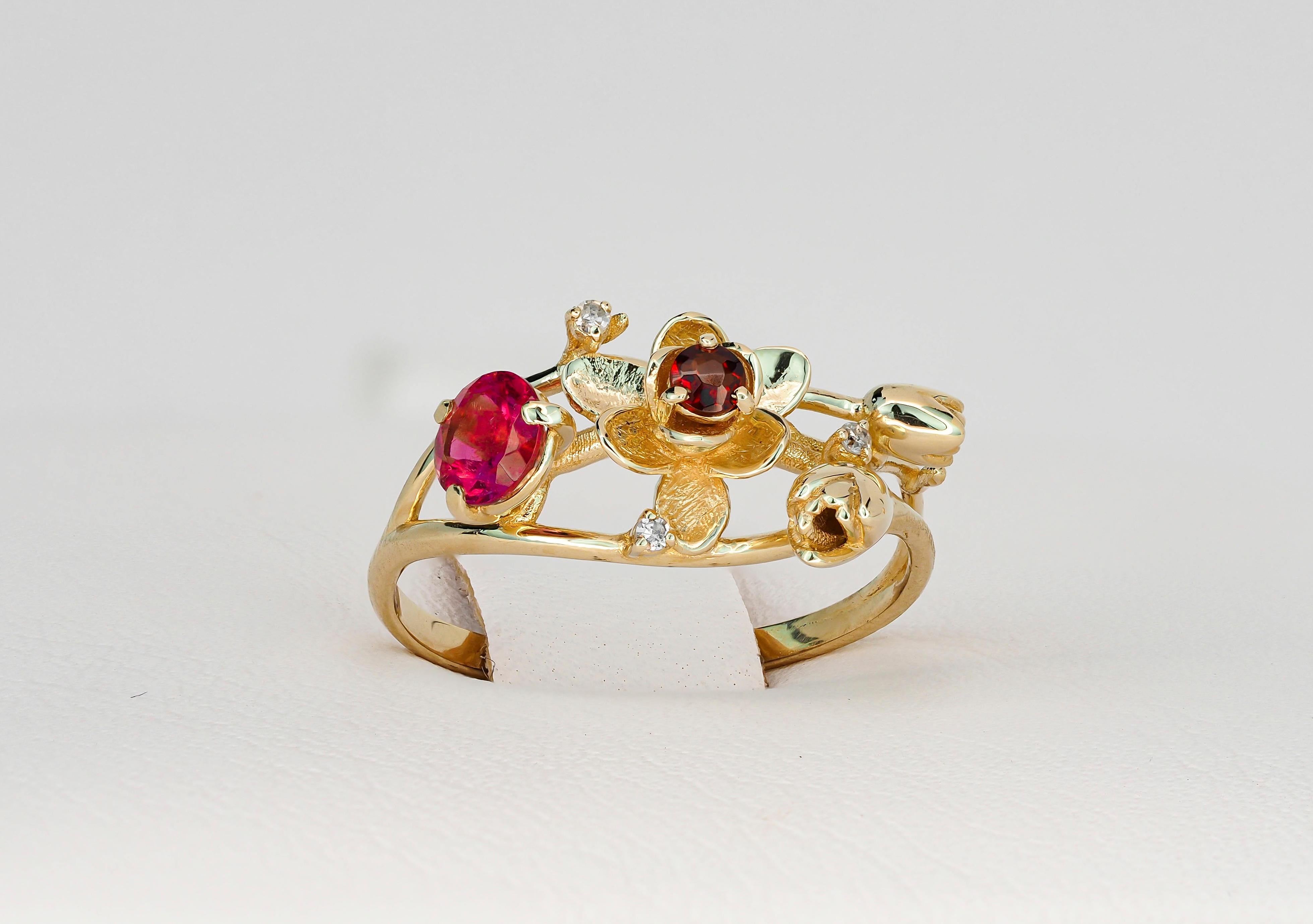 For Sale:  Ruby ring. 14k Gold Ring with Ruby, Garnet and Diamonds. Orchid Flower Ring. 7