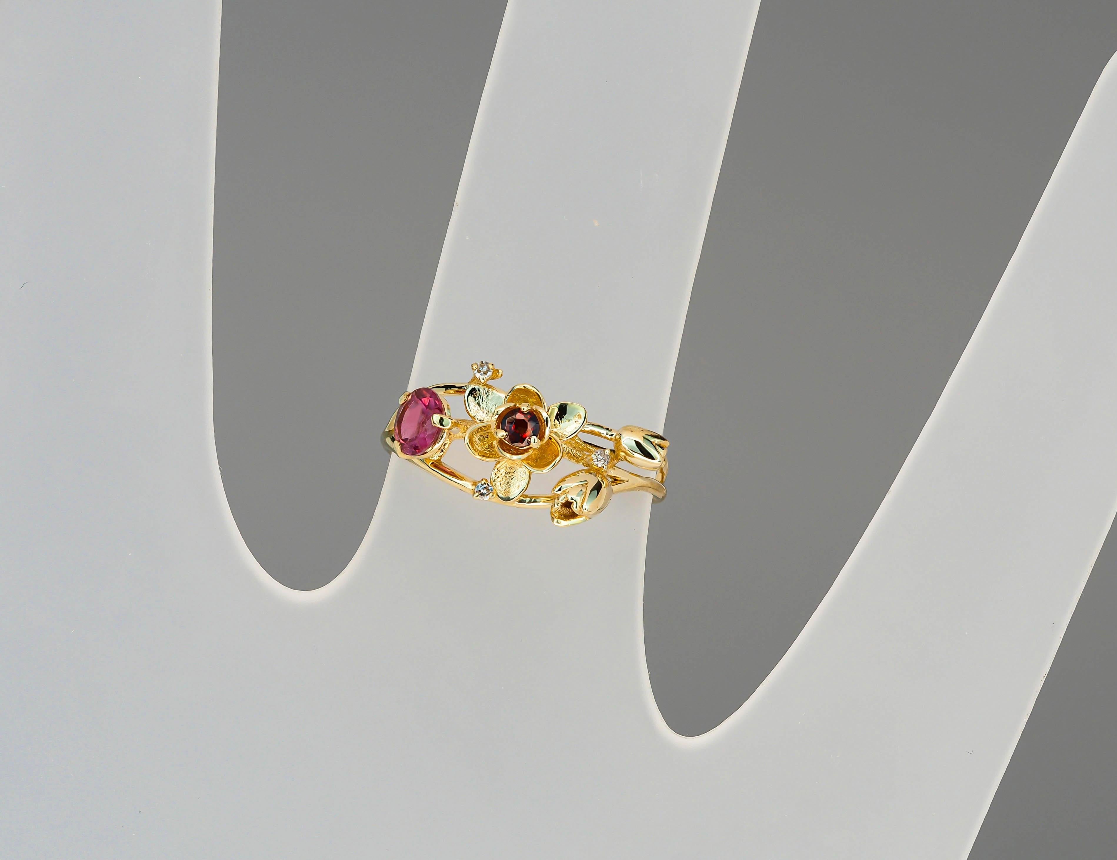 For Sale:  Ruby ring. 14k Gold Ring with Ruby, Garnet and Diamonds. Orchid Flower Ring. 8