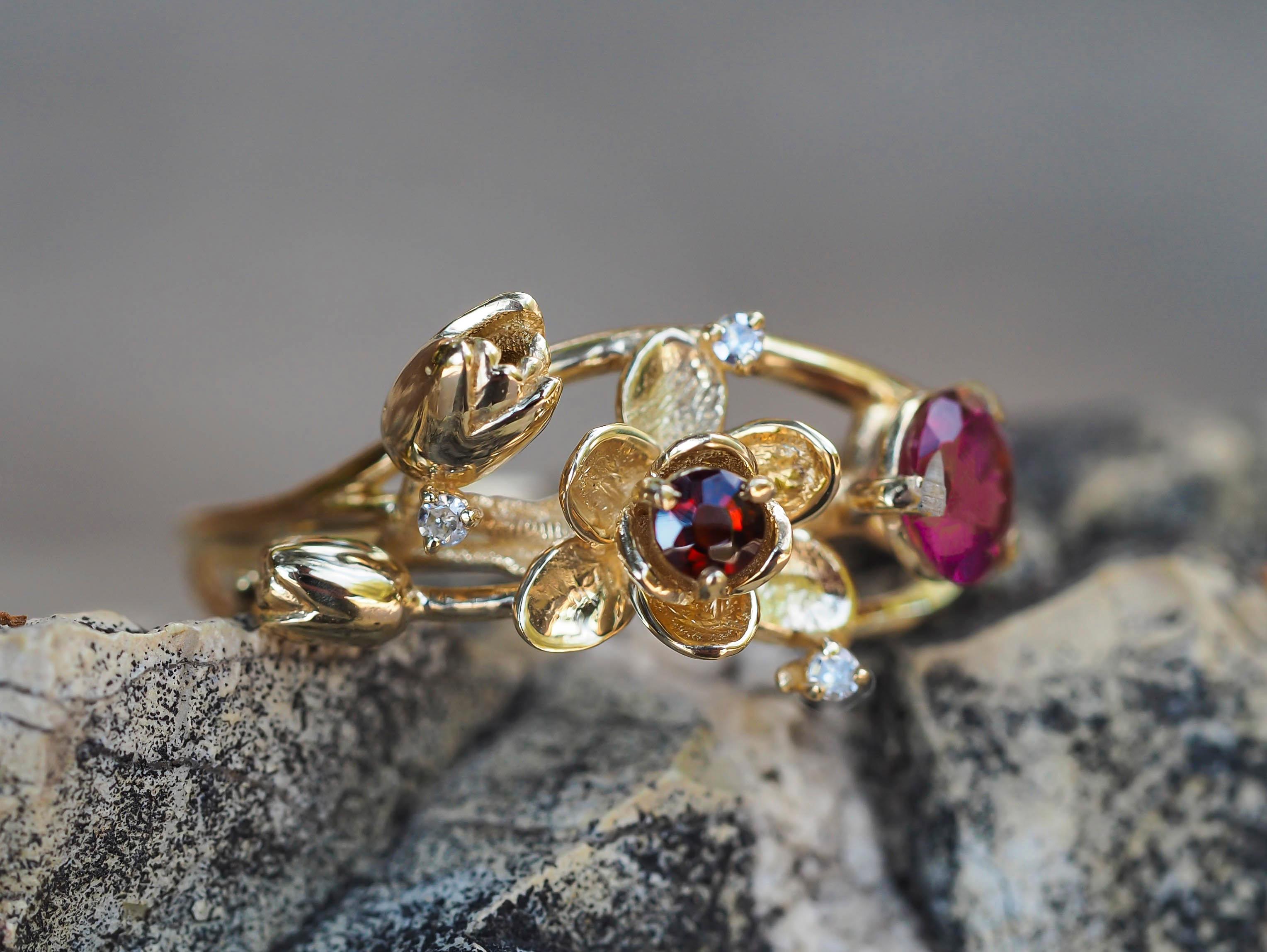 For Sale:  Ruby ring. 14k Gold Ring with Ruby, Garnet and Diamonds. Orchid Flower Ring. 9