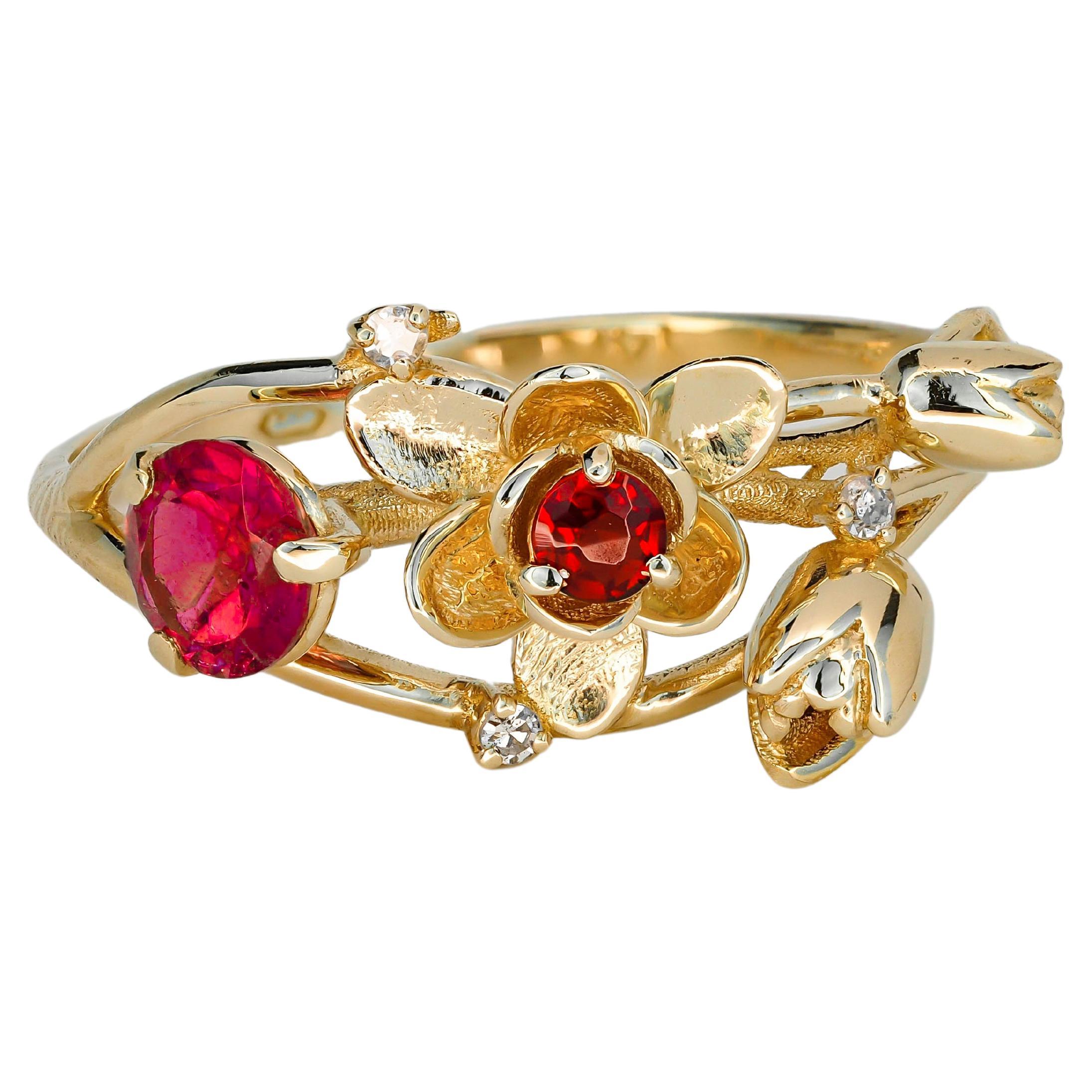 Rubin-Rubinring. 14k Gold Ring mit Rubin, Granat und Diamanten. Orchidee-Blumenring.