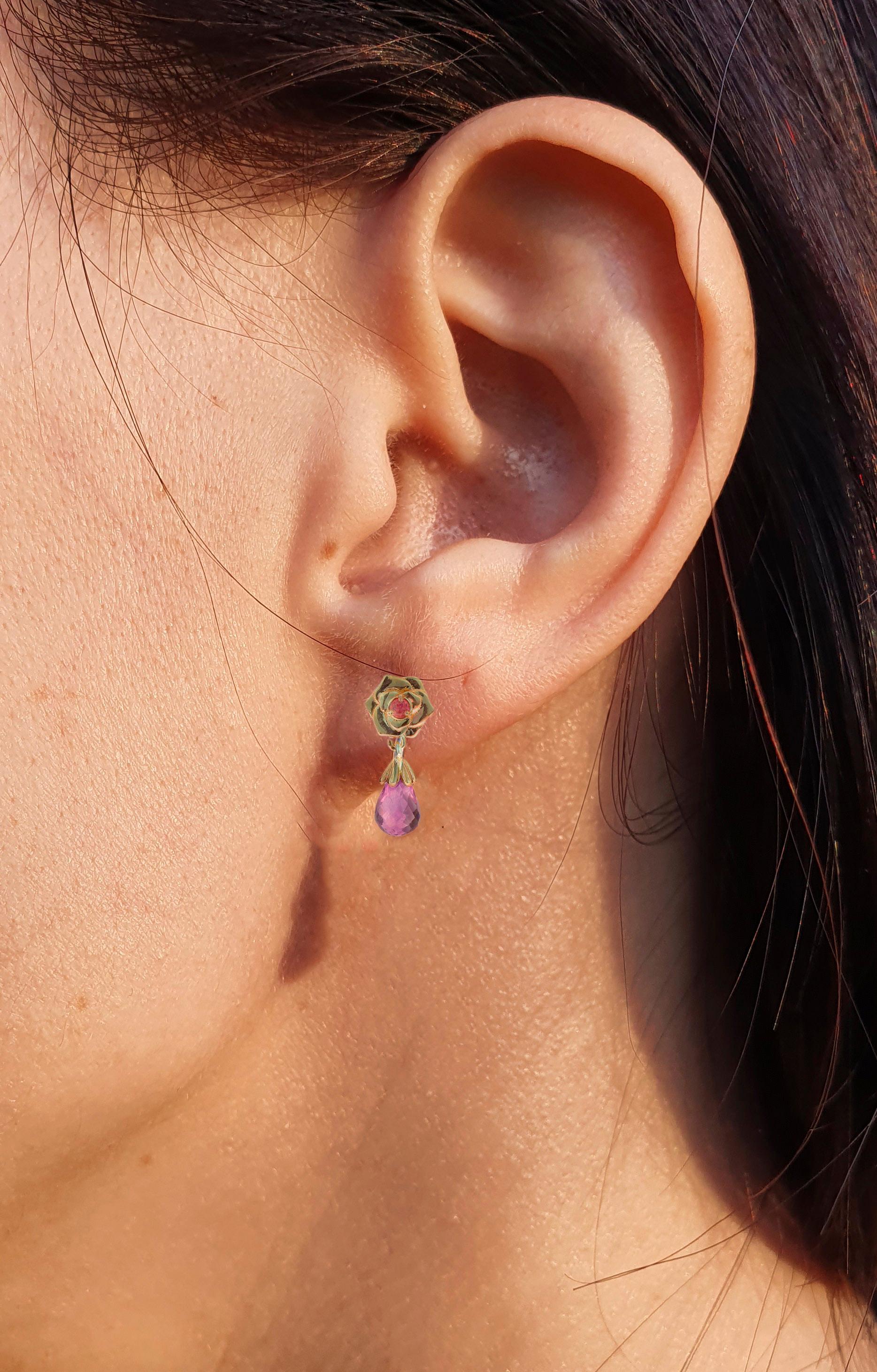 14 K Gold Rose Flower Earrings Studs with Amethysts and Sapphires For Sale 4