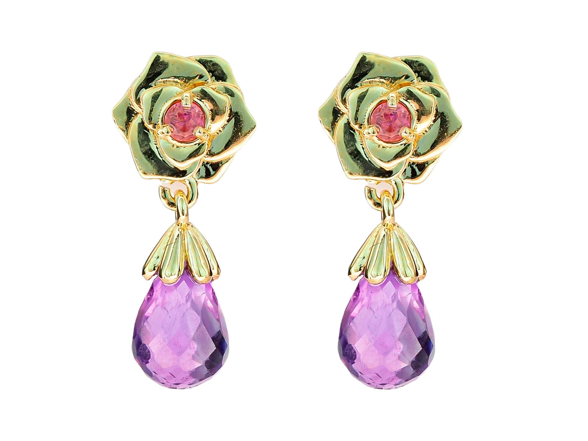 14 K Gold Rose Flower Earrings Studs with Amethysts and Sapphires For Sale 6