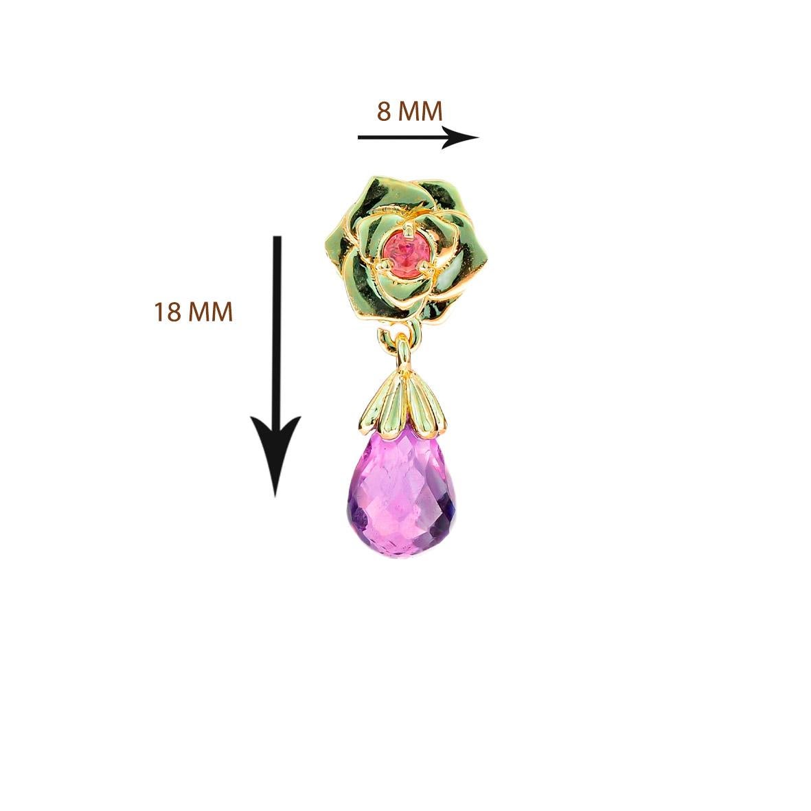 14 K Gold Rose Flower Earrings Studs with Amethysts and Sapphires For Sale 5