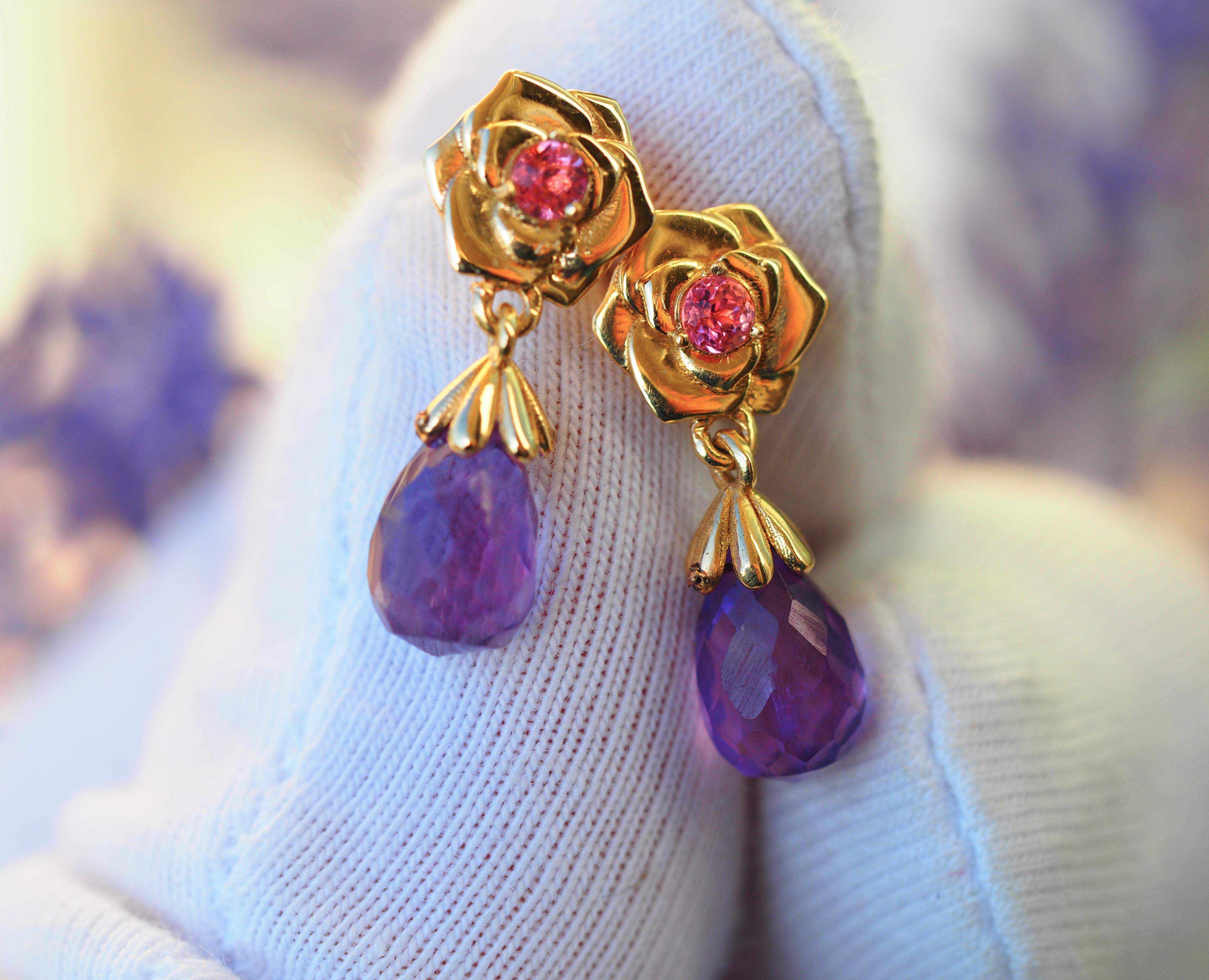 14 K Gold Rose Flower Earrings Studs with Amethysts and Sapphires For Sale 7