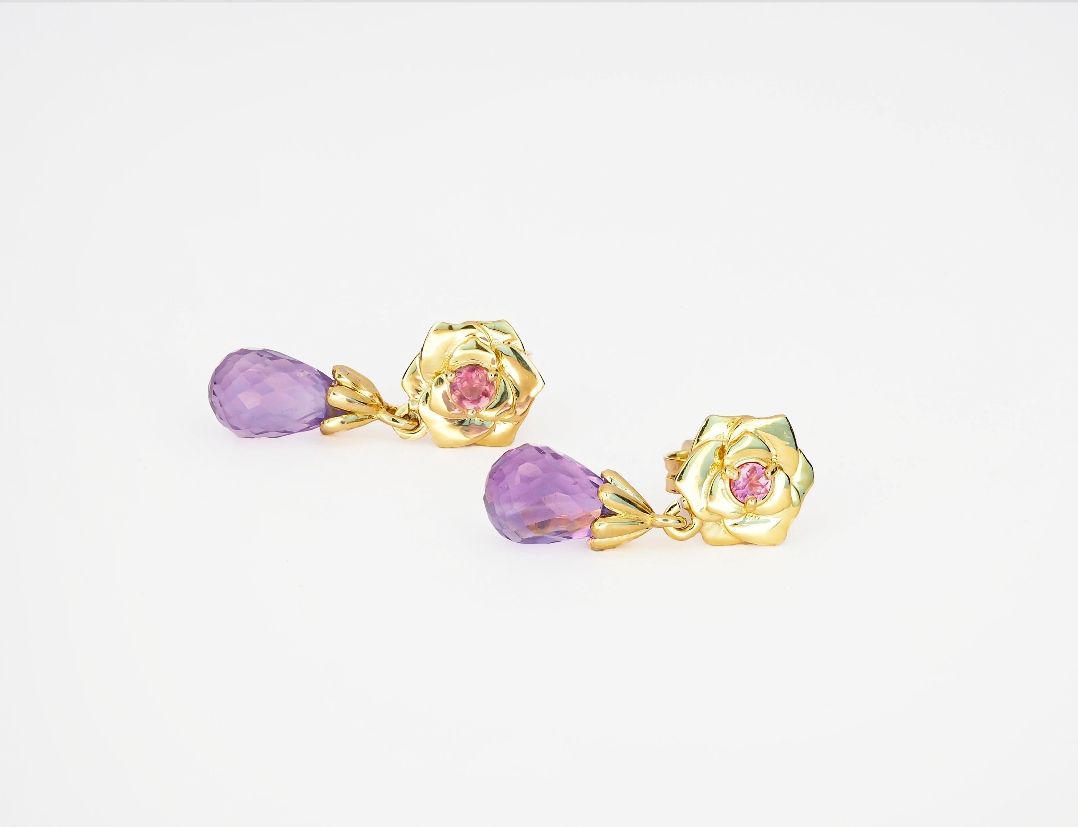 Modern 14 K Gold Rose Flower Earrings Studs with Amethysts and Sapphires For Sale