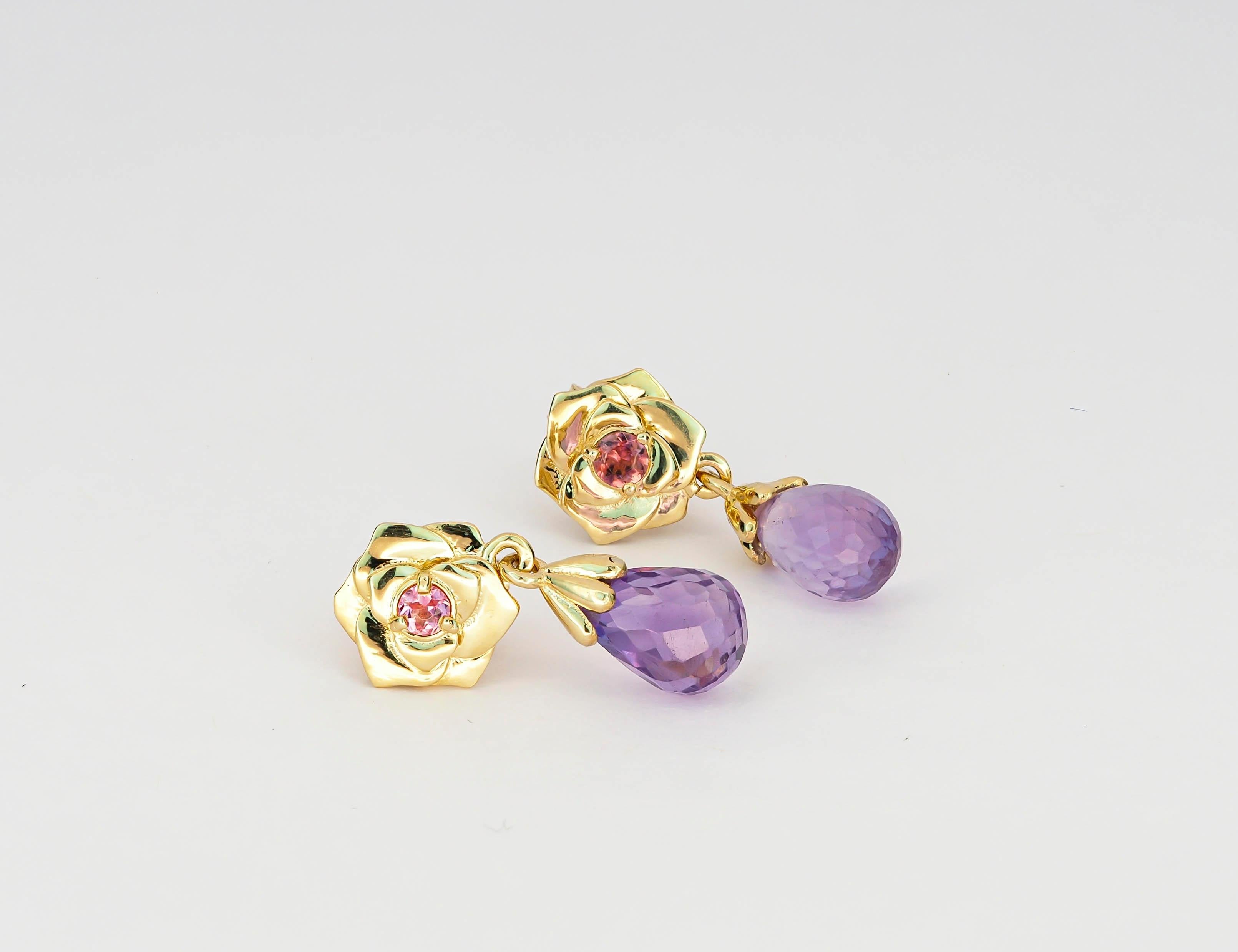 Briolette Cut 14 K Gold Rose Flower Earrings Studs with Amethysts and Sapphires For Sale