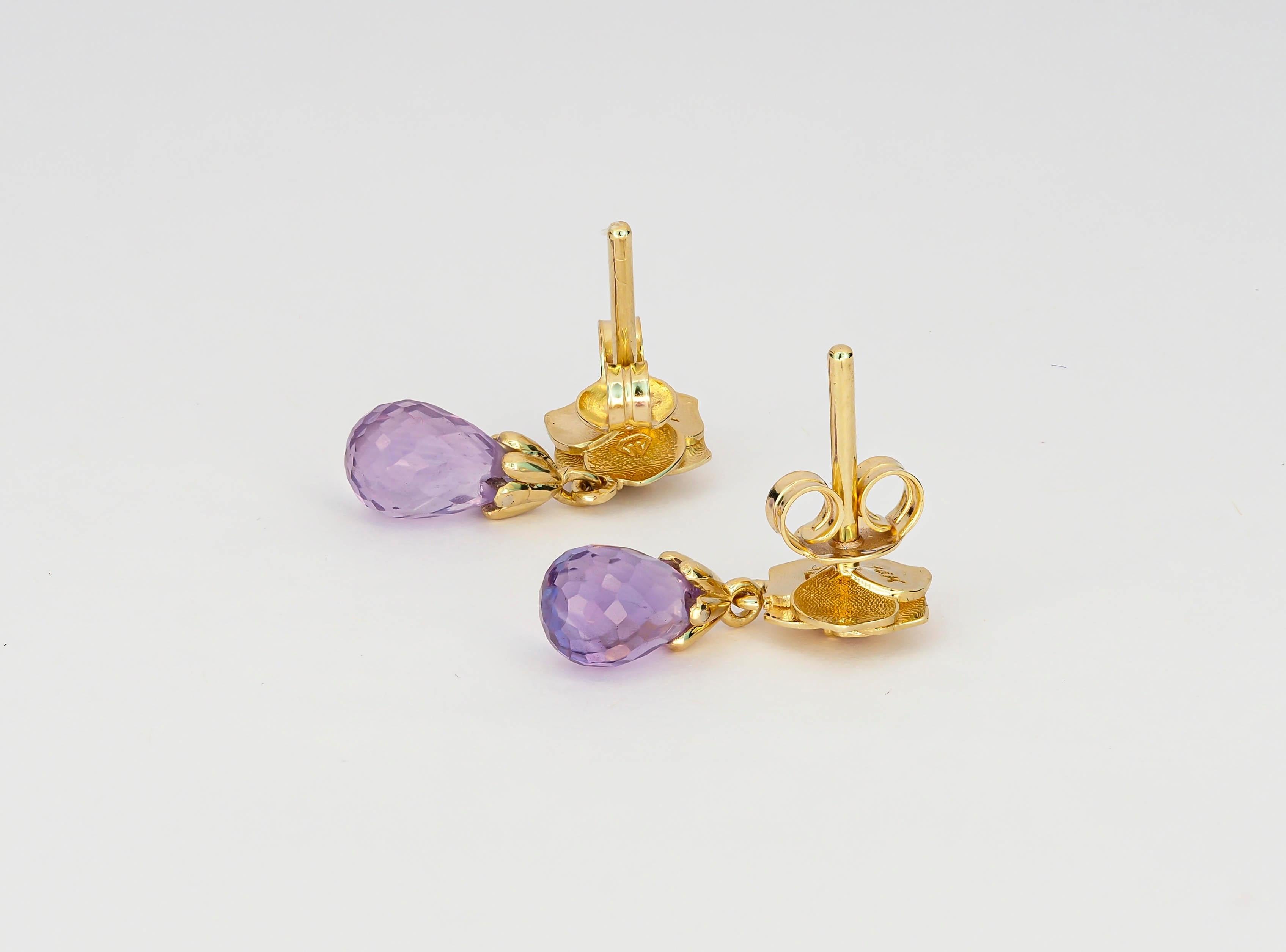 14 K Gold Rose Flower Earrings Studs with Amethysts and Sapphires In New Condition For Sale In Istanbul, TR