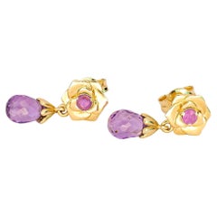 14 K Gold Rose Flower Earrings Studs with Amethysts and Sapphires