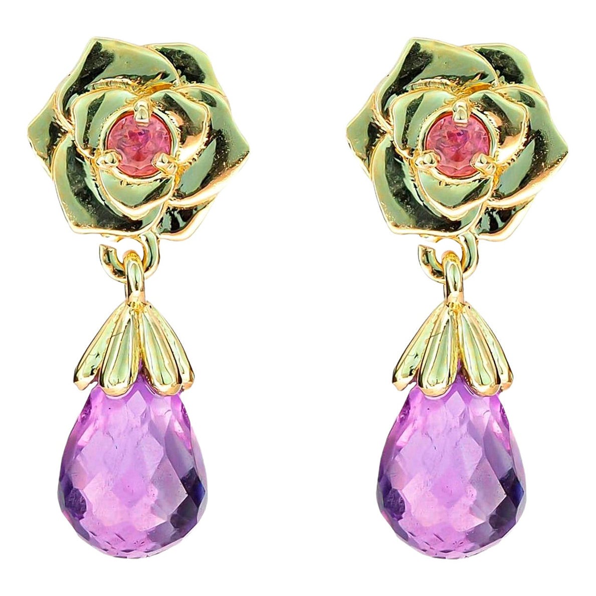 14 K Gold Rose Flower Earrings Studs with Amethysts and Sapphires For Sale