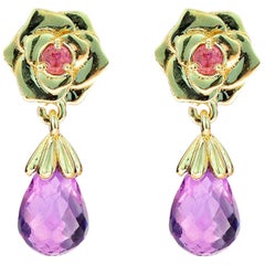 14 K Gold Rose Flower Earrings Studs with Amethysts and Sapphires