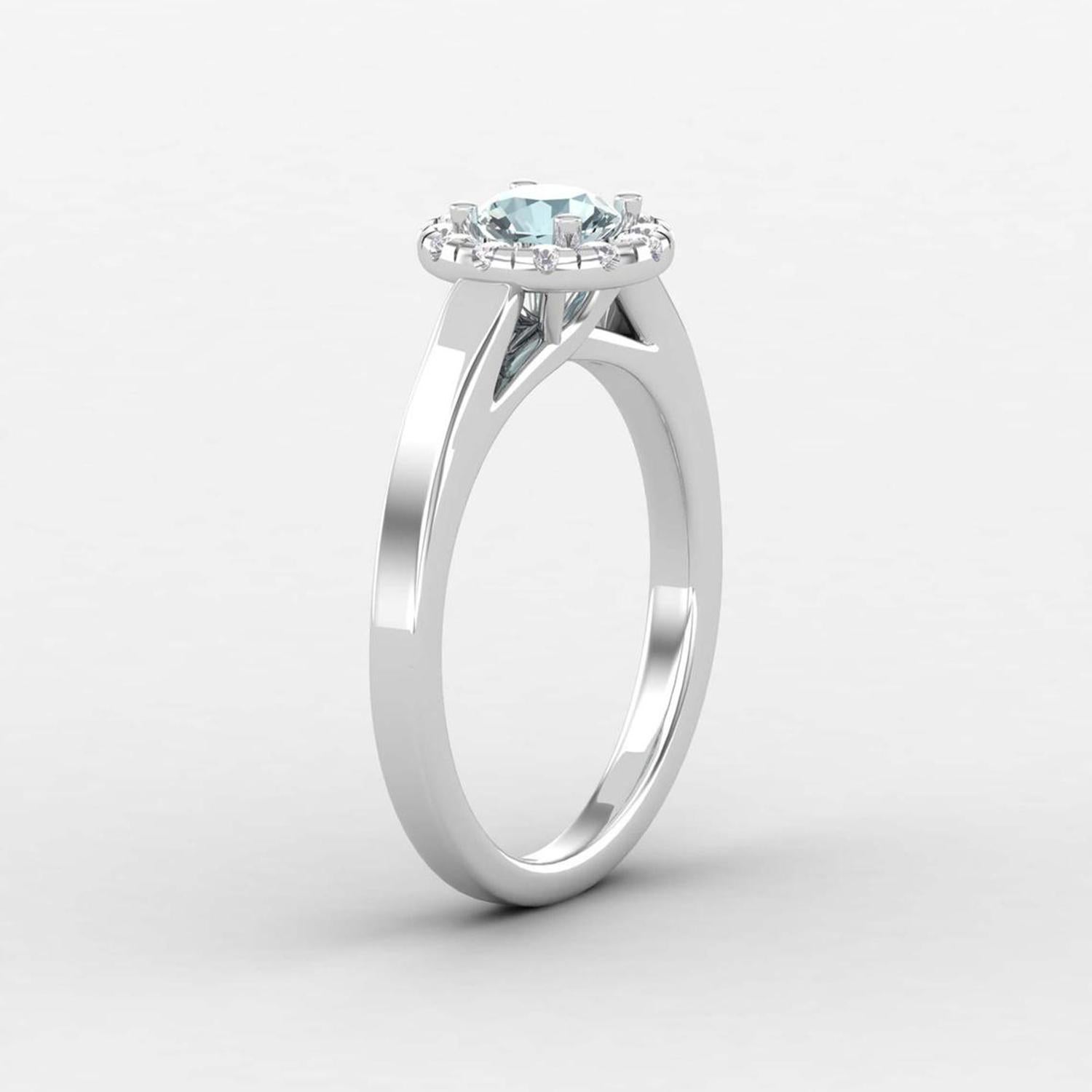 Modern 14 K Gold Round Aquamarine Ring / Round Diamond Ring / Solitaire Ring For Sale