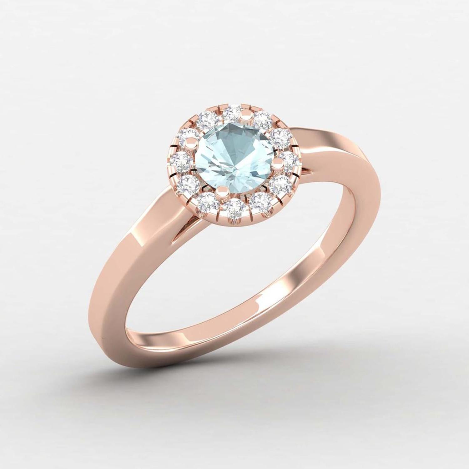 Round Cut 14 K Gold Round Aquamarine Ring / Round Diamond Ring / Solitaire Ring For Sale