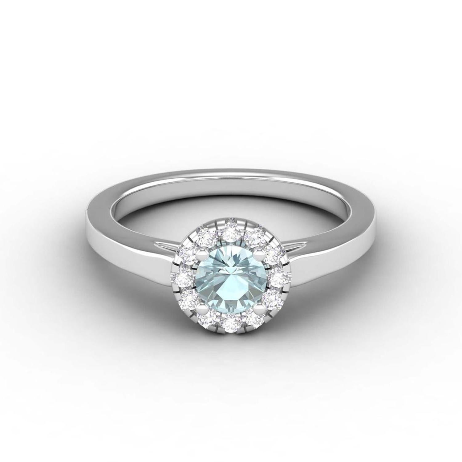 14 K Gold Round Aquamarine Ring / Round Diamond Ring / Solitaire Ring For Sale 2